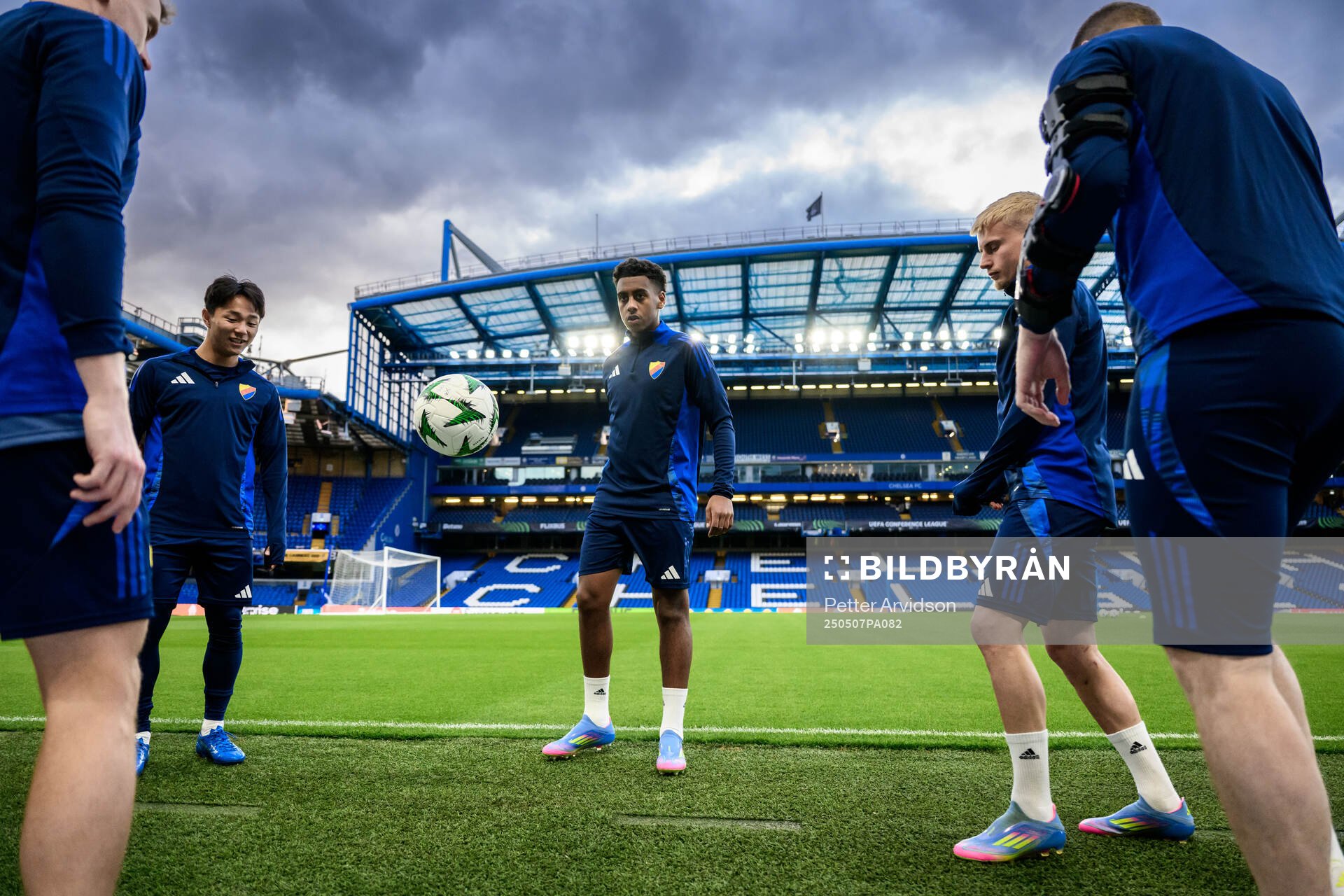 Keita Kosugi, Isak Alemayehu Mulugeta and Viktor Bergh of Djurgården during a UEFA Conference League training session on May 7, 2025 in London.