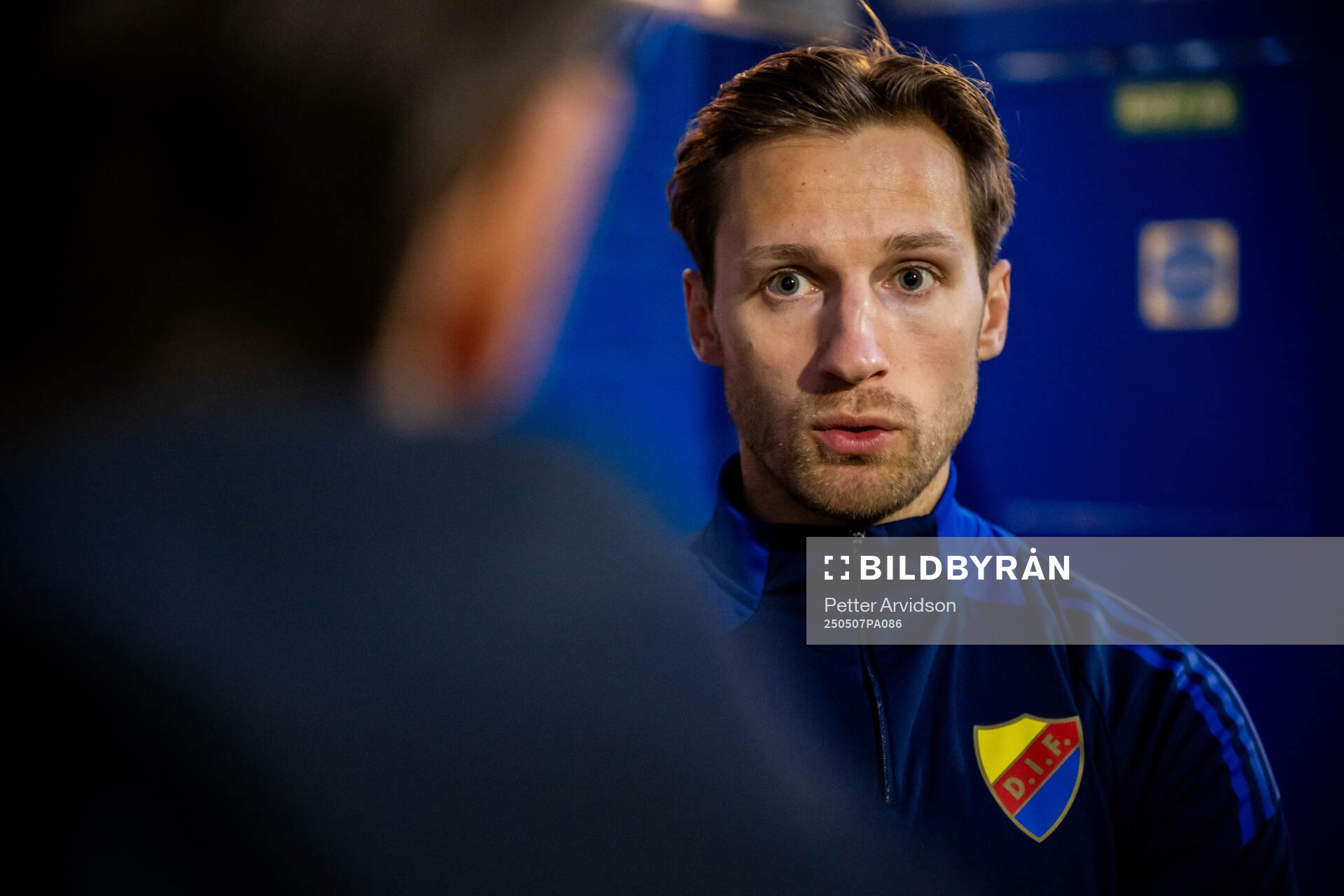 Daniel Stensson of Djurgården is being interviewed after a UEFA Conference League training session on May 7, 2025 in London.
