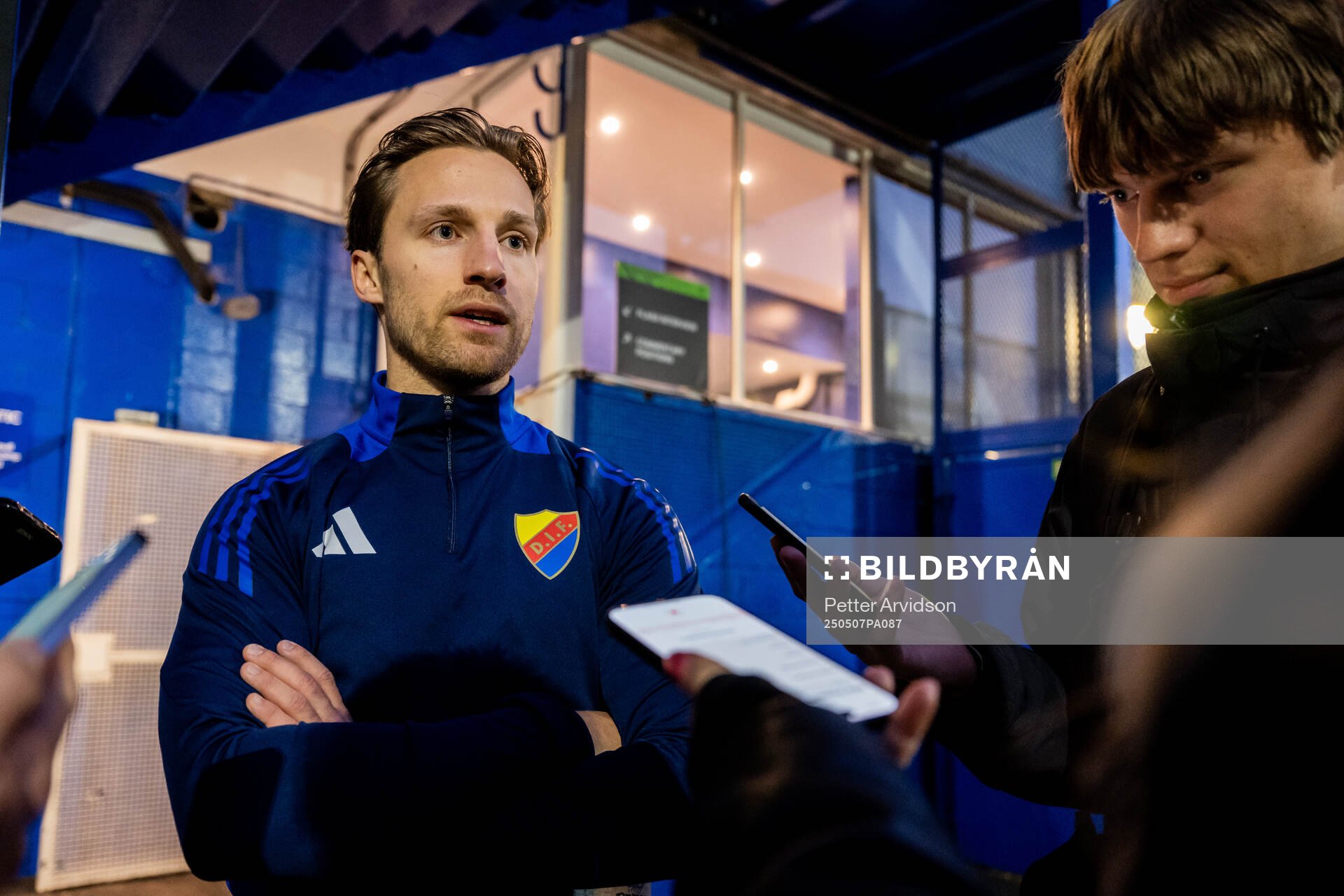 Daniel Stensson of Djurgården is being interviewed after a UEFA Conference League training session on May 7, 2025 in London.