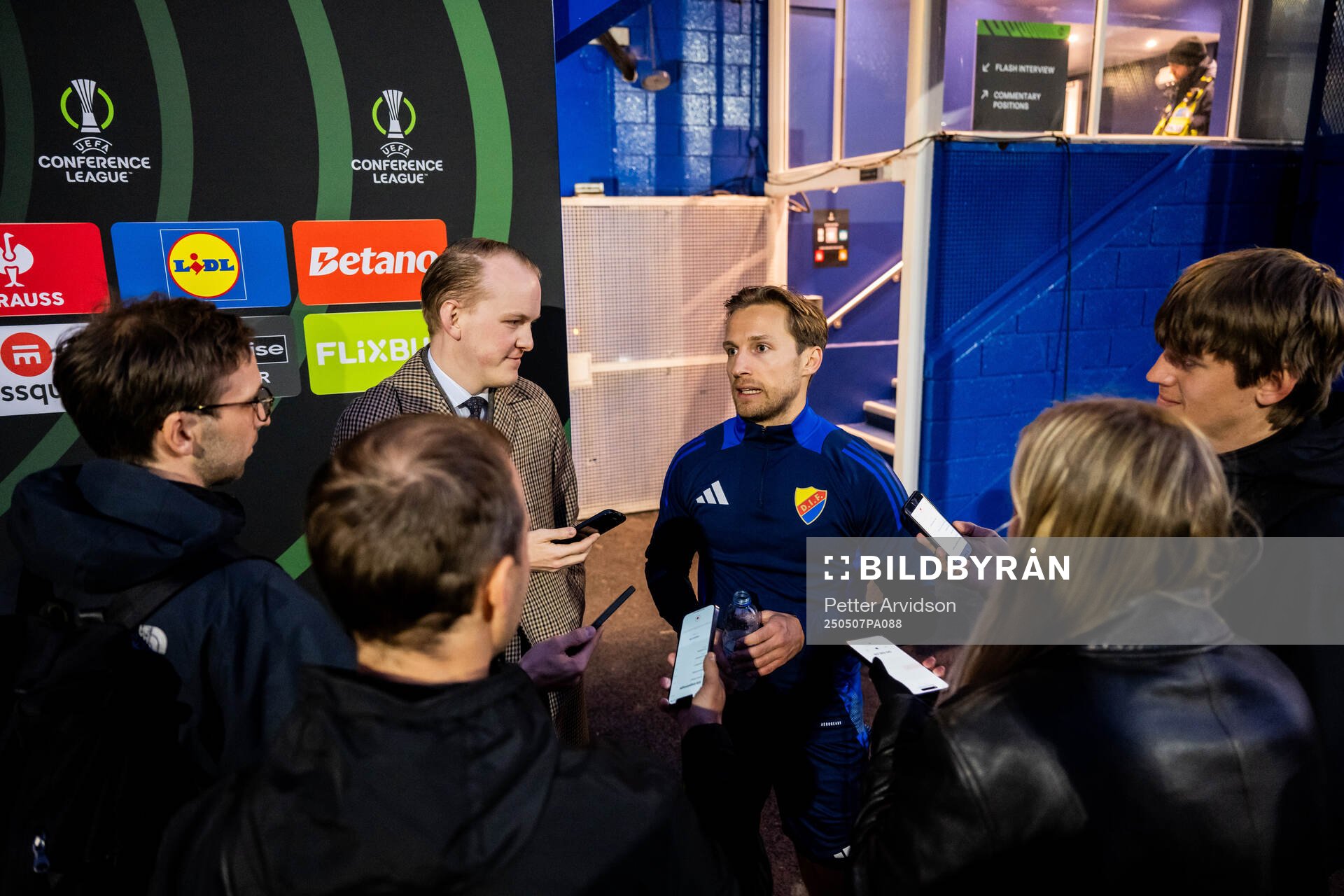 Daniel Stensson of Djurgården is being interviewed after a UEFA Conference League training session on May 7, 2025 in London.