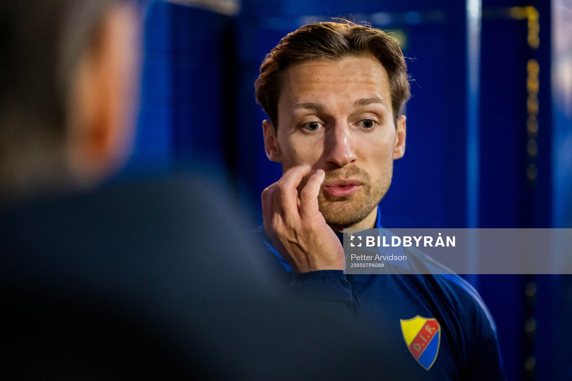 Daniel Stensson of Djurgården is being interviewed after a UEFA Conference League training session on May 7, 2025 in London.