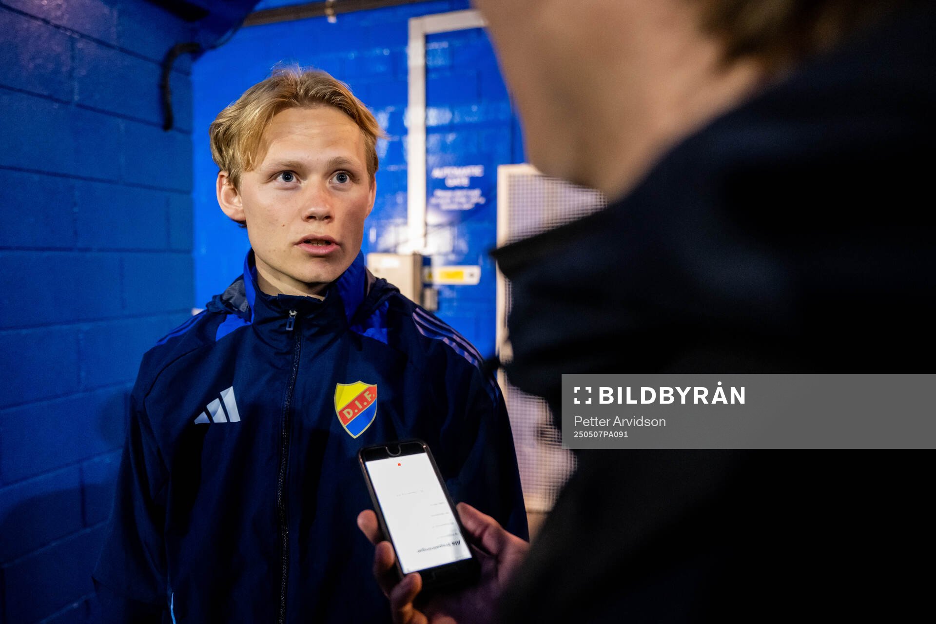 Tobias Gulliksen of Djurgården is being interviewed after a UEFA Conference League training session on May 7, 2025 in London.