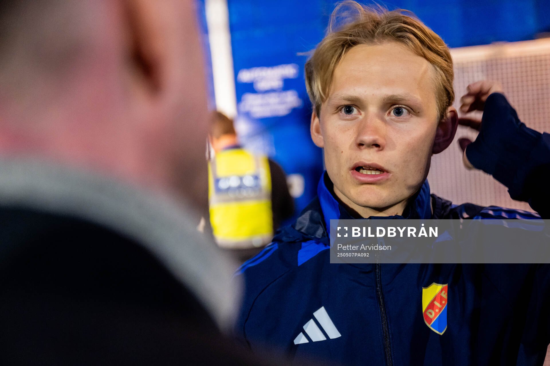 Tobias Gulliksen of Djurgården is being interviewed after a UEFA Conference League training session on May 7, 2025 in London.