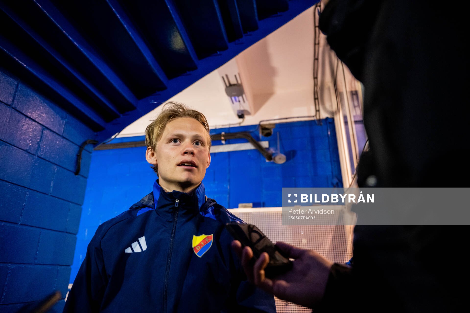 Tobias Gulliksen of Djurgården is being interviewed after a UEFA Conference League training session on May 7, 2025 in London.