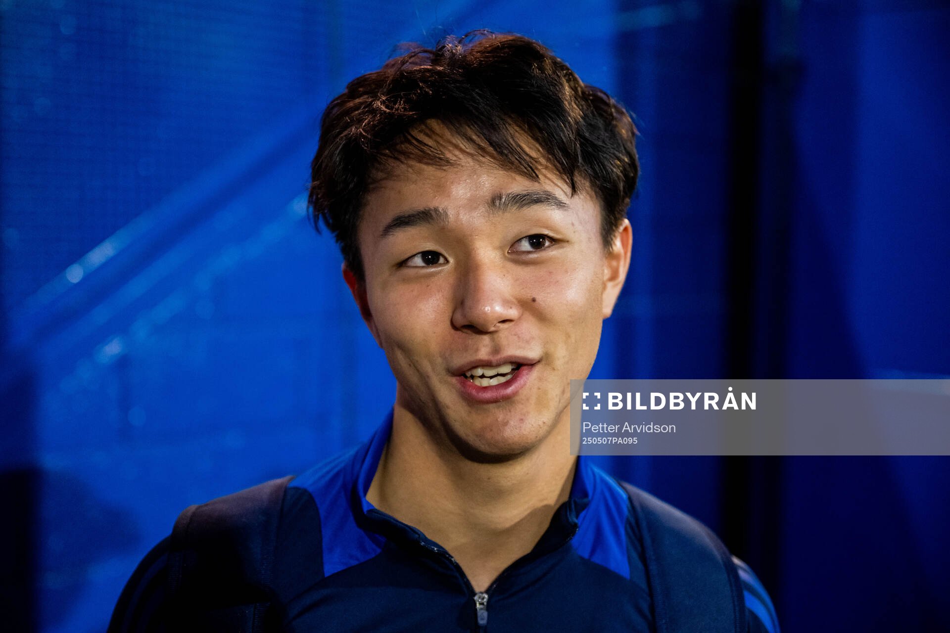 Keita Kosugi of Djurgården is being interviewed after a UEFA Conference League training session on May 7, 2025 in London. 
