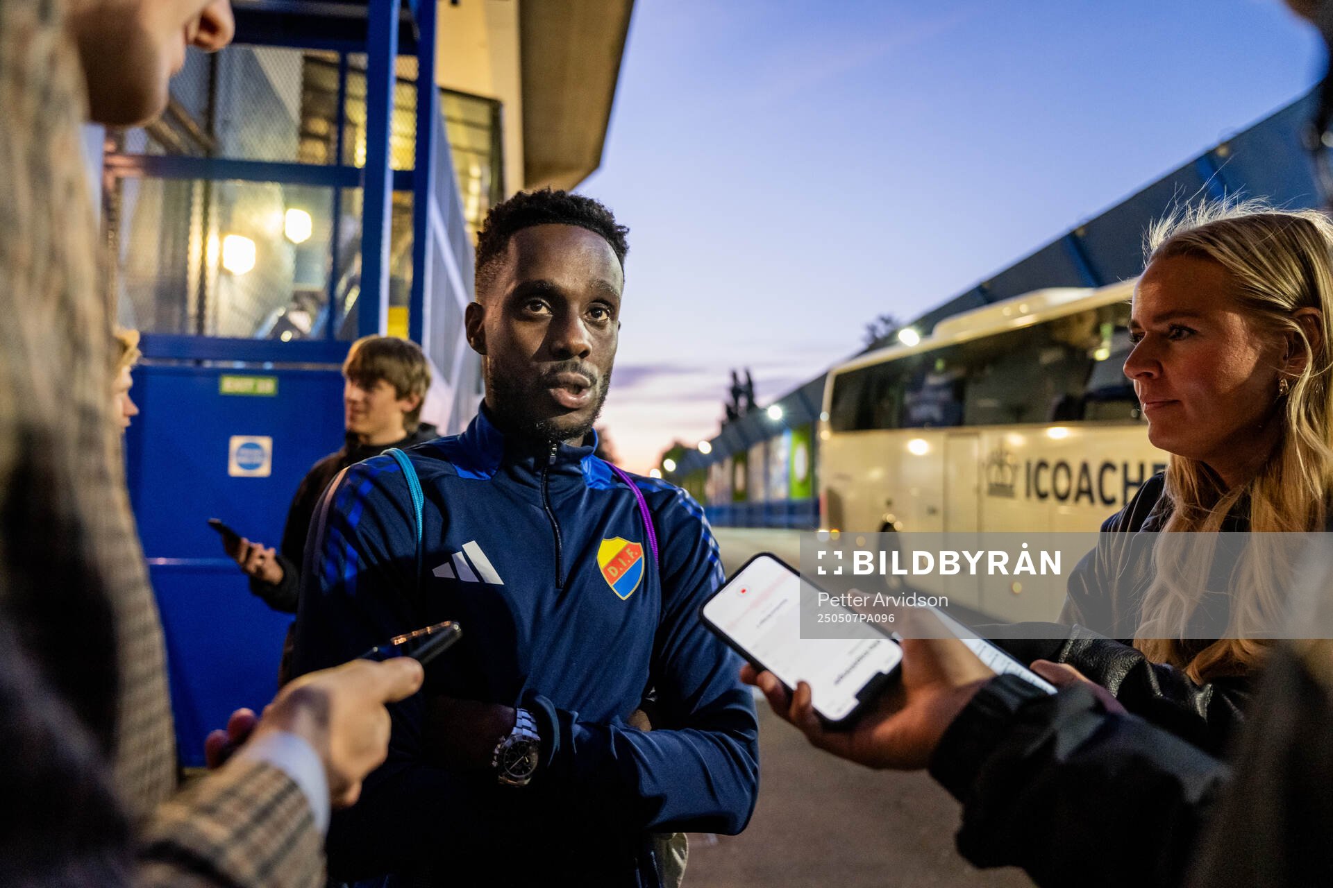 Tokmac Nguen of Djurgården is being interviewed after a UEFA Conference League training session on May 7, 2025 in London. 