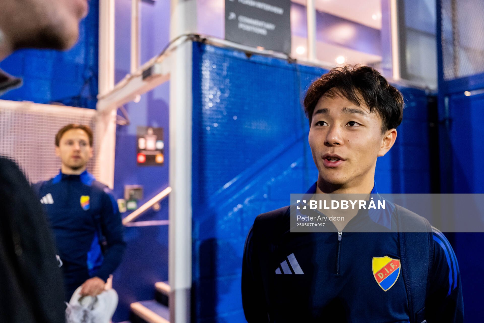 Keita Kosugi of Djurgården is being interviewed after a UEFA Conference League training session on May 7, 2025 in London. 
