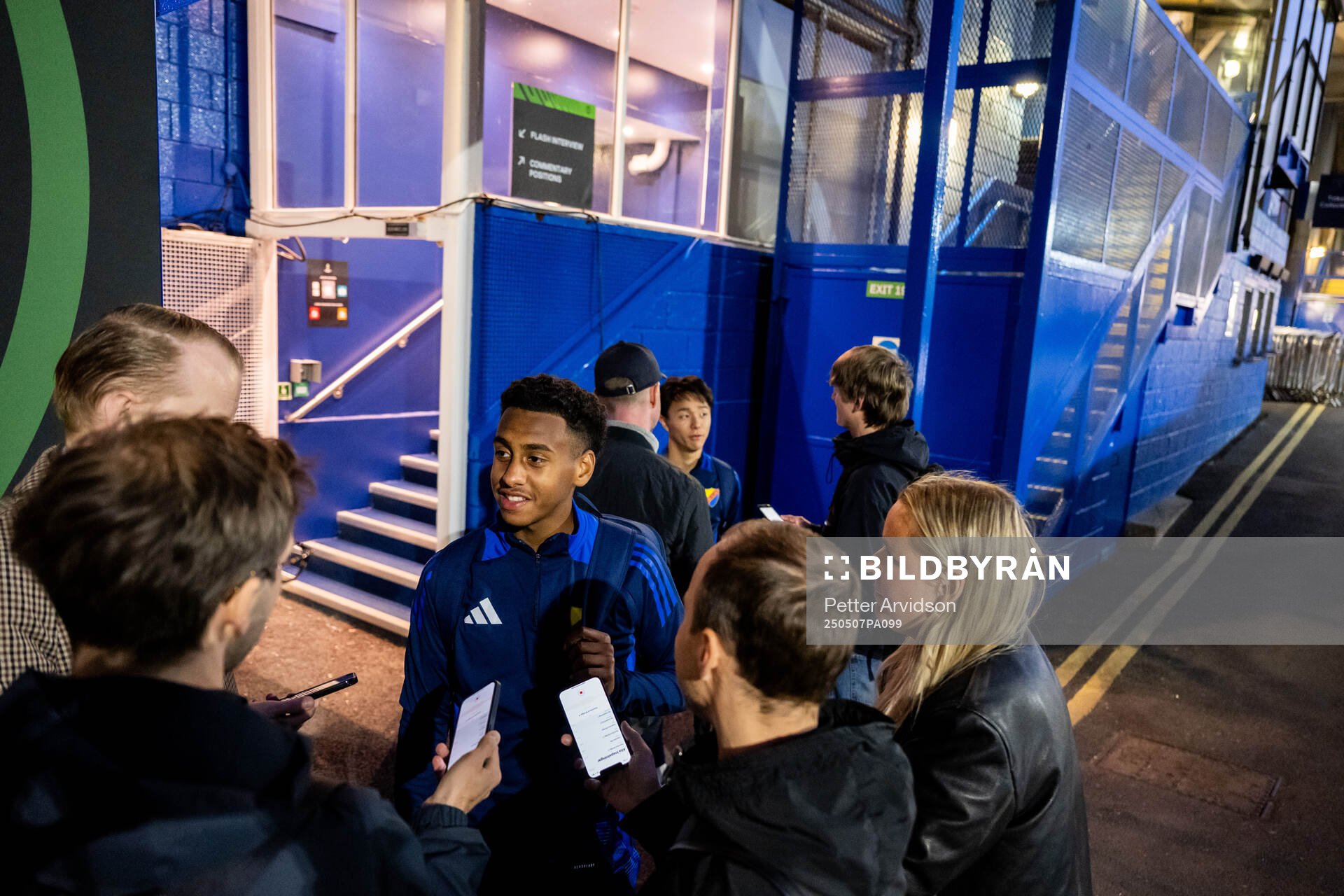 Isak Alemayehu Mulugeta of Djurgården is being interviewed after a UEFA Conference League training session on May 7, 2025 in London.