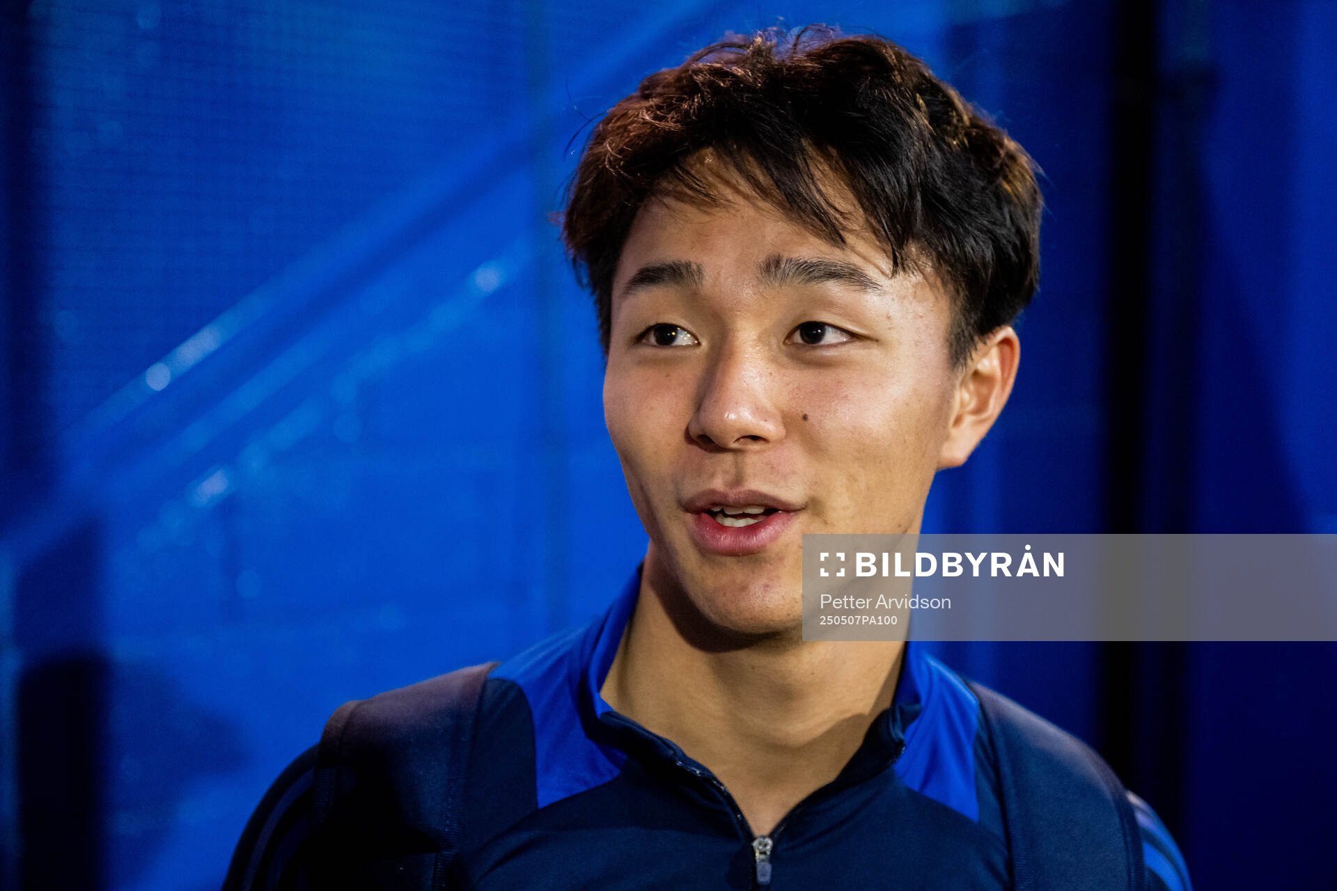 Keita Kosugi of Djurgården is being interviewed after a UEFA Conference League training session on May 7, 2025 in London. 