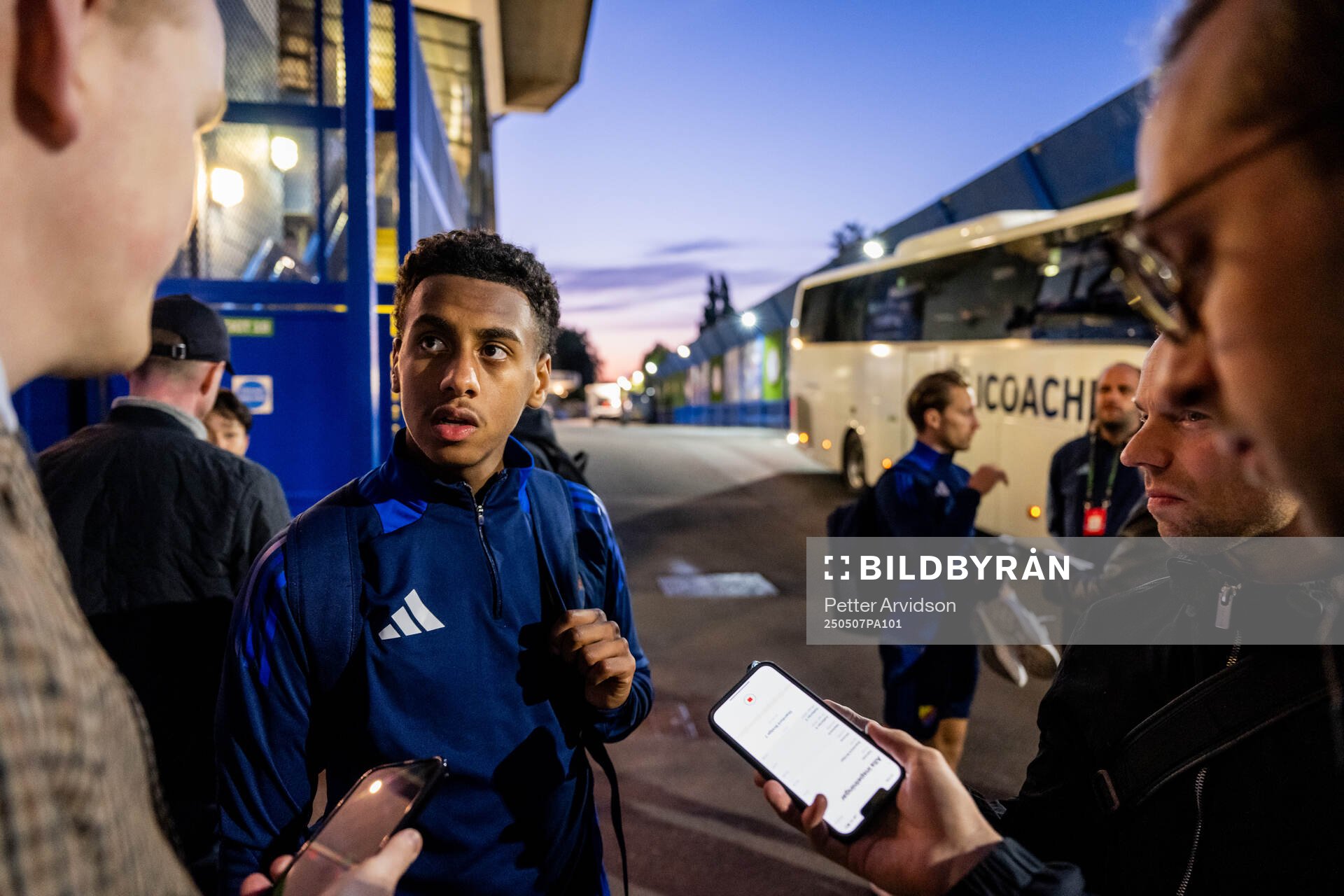 Isak Alemayehu Mulugeta of Djurgården is being interviewed after a UEFA Conference League training session on May 7, 2025 in London.