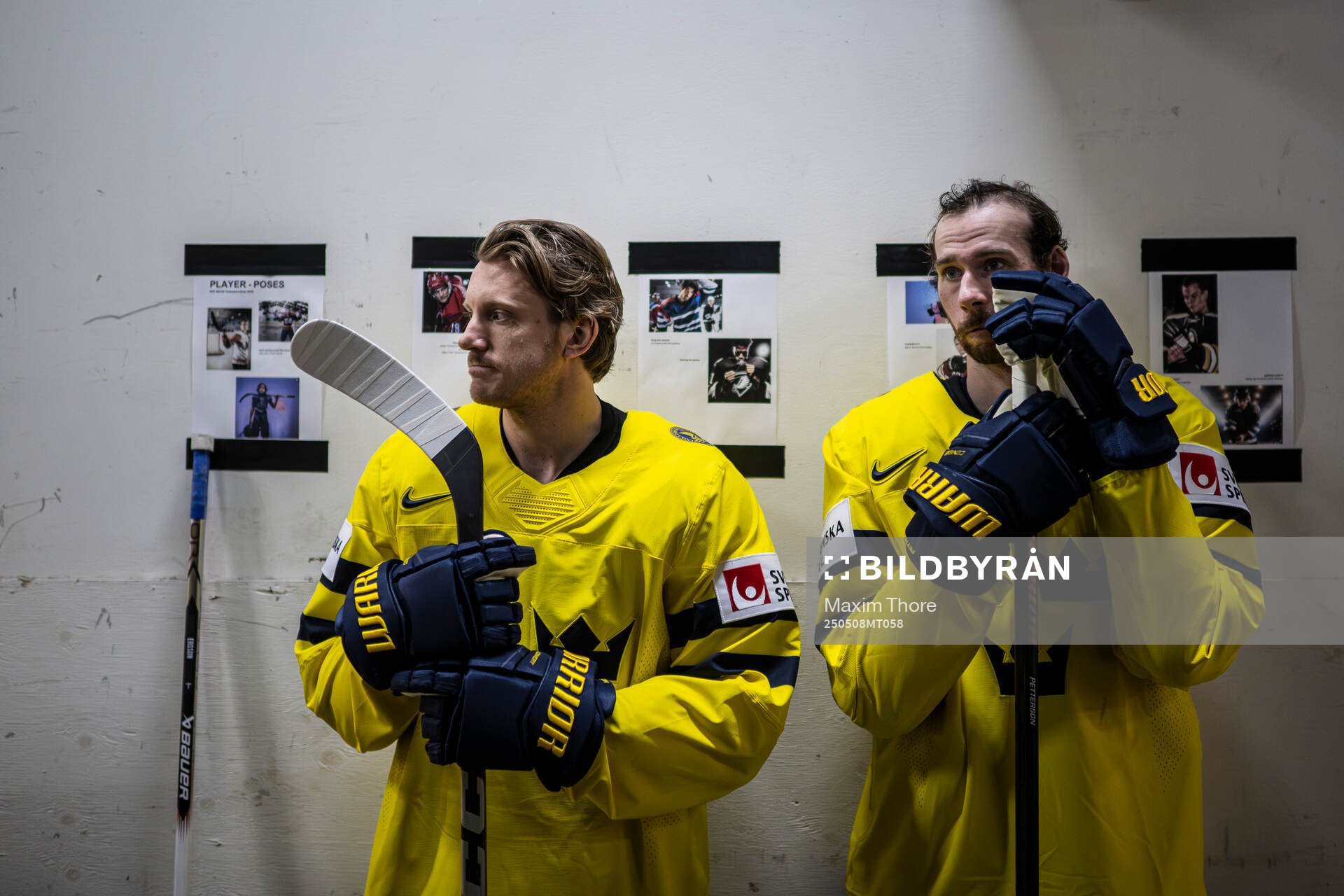 Jonas Brodin and Marcus Pettersson of Sweden awaits the