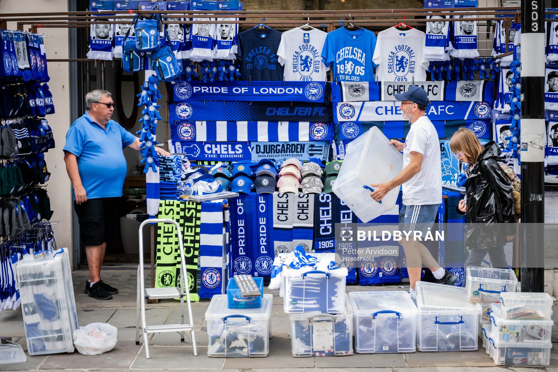 General view of a merchandise shop outside the stadium ahead of the UEFA Conference League semifinal second leg match between Chelsea and Djurgården on May 8, 2025 in London.