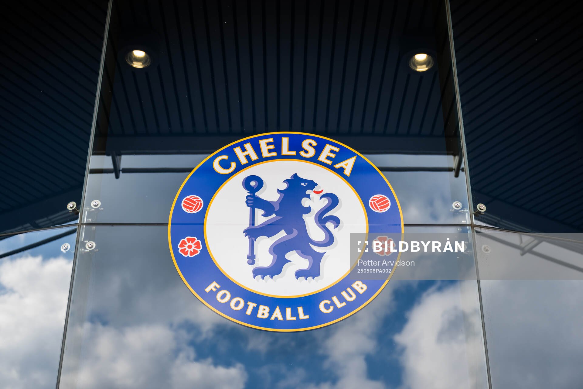 General view of the Chelsea FC logo ahead of the UEFA Conference League semifinal second leg match between Chelsea and Djurgården on May 8, 2025 in London.
