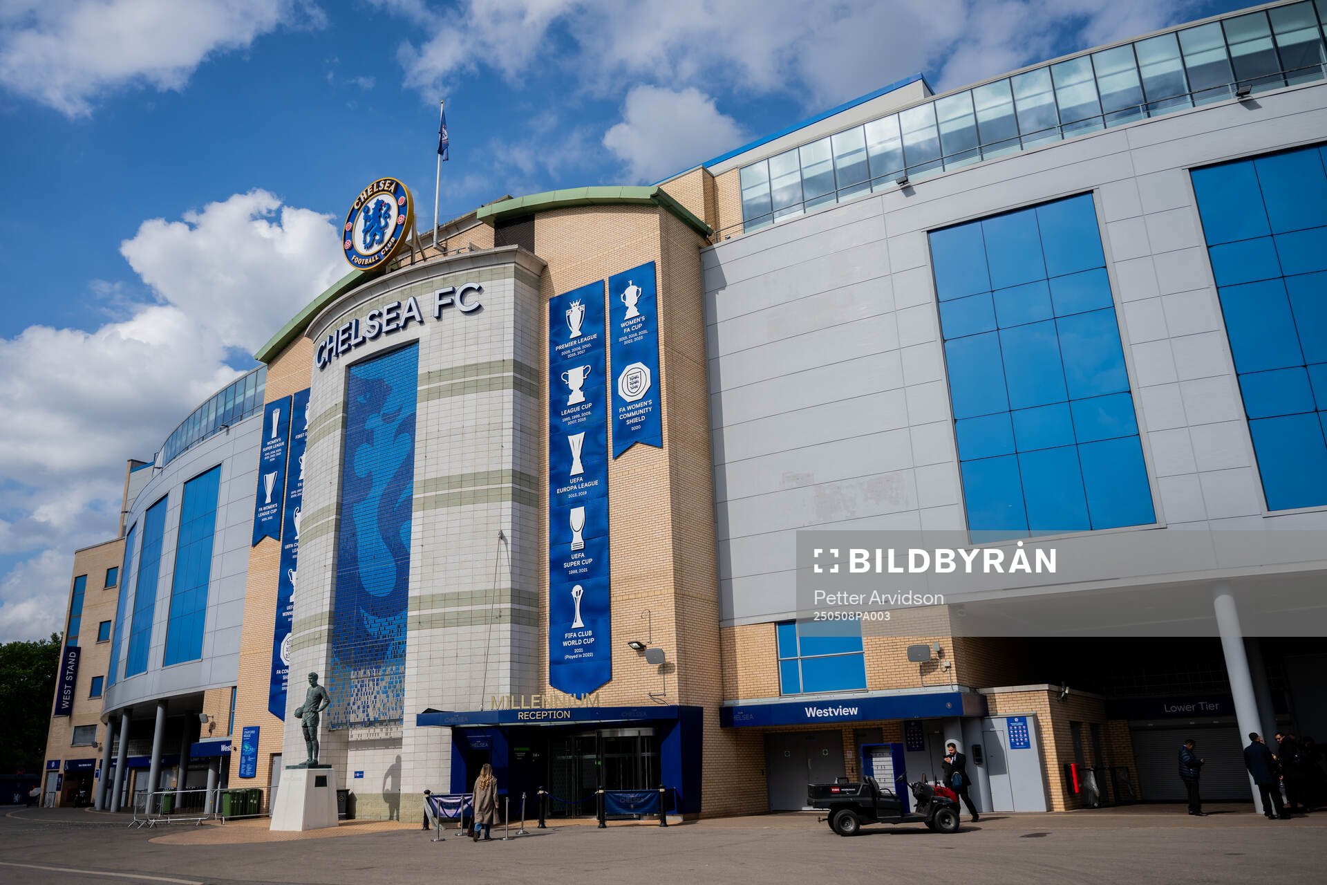Exterior view of Stamford Bridge ahead of the UEFA Conference League semifinal second leg match between Chelsea and Djurgården on May 8, 2025 in London.