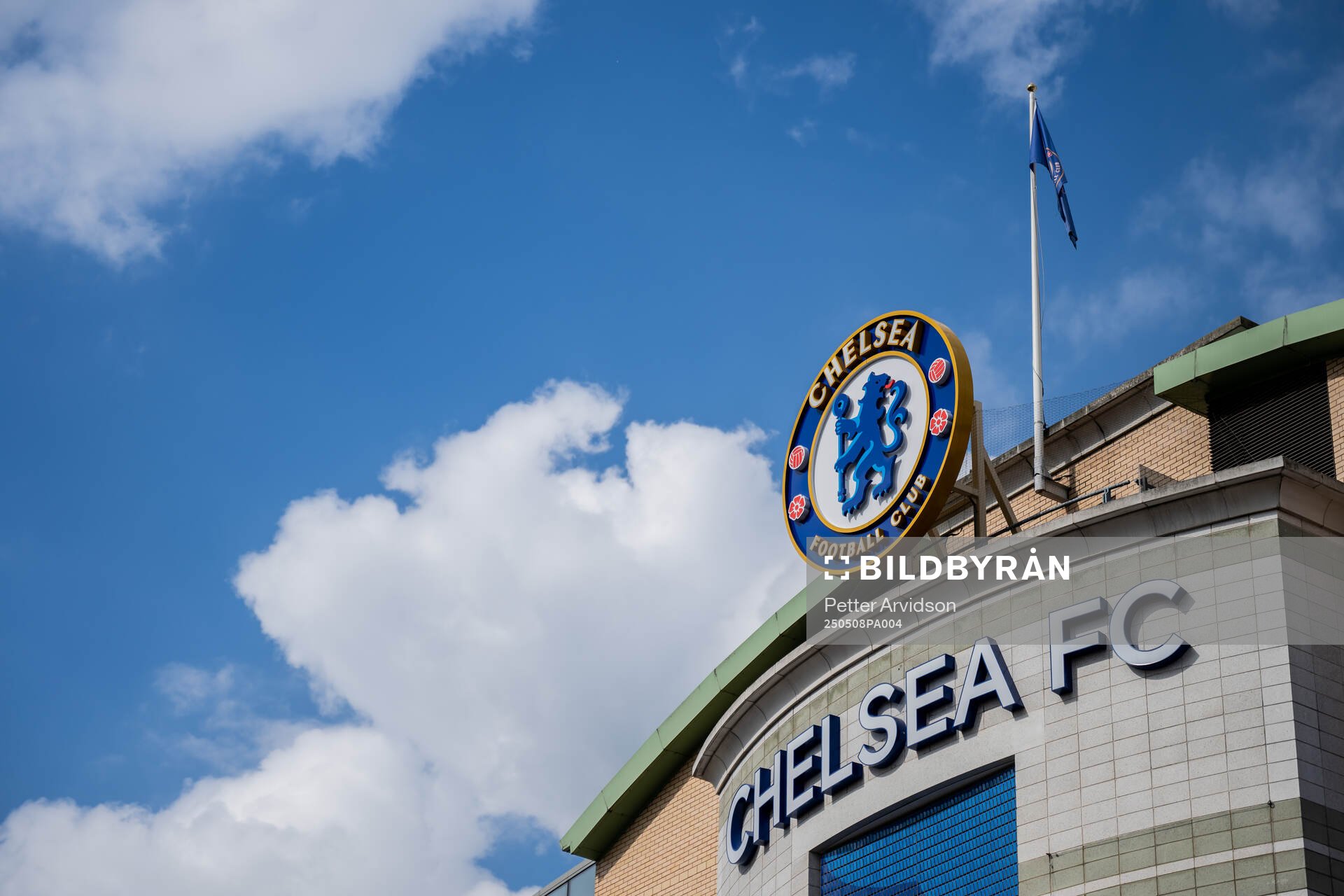 Exterior view of Stamford Bridge ahead of the UEFA Conference League semifinal second leg match between Chelsea and Djurgården on May 8, 2025 in London.