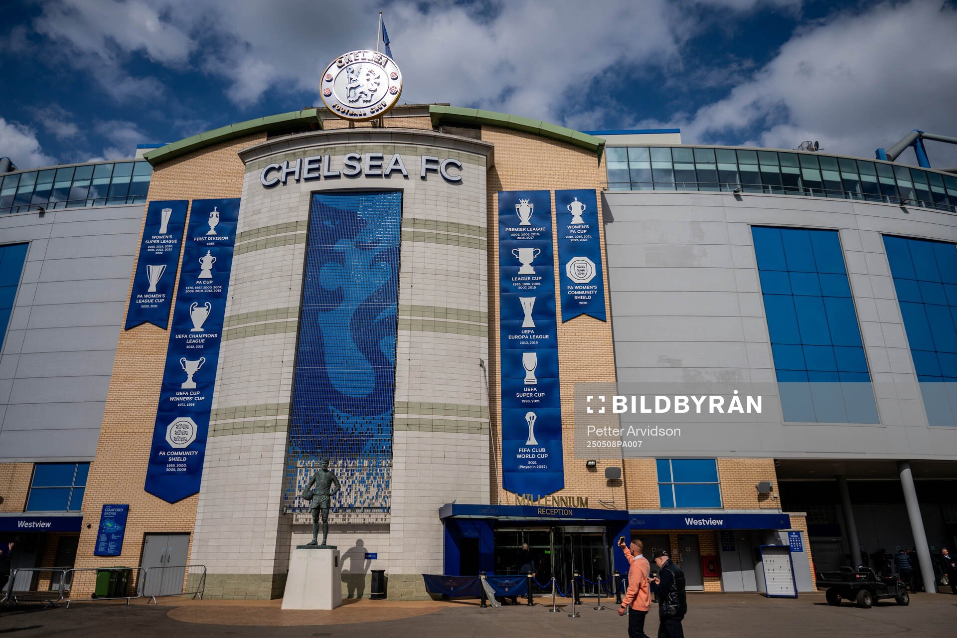 Exterior view of Stamford Bridge ahead of the UEFA Conference League semifinal second leg match between Chelsea and Djurgården on May 8, 2025 in London.
