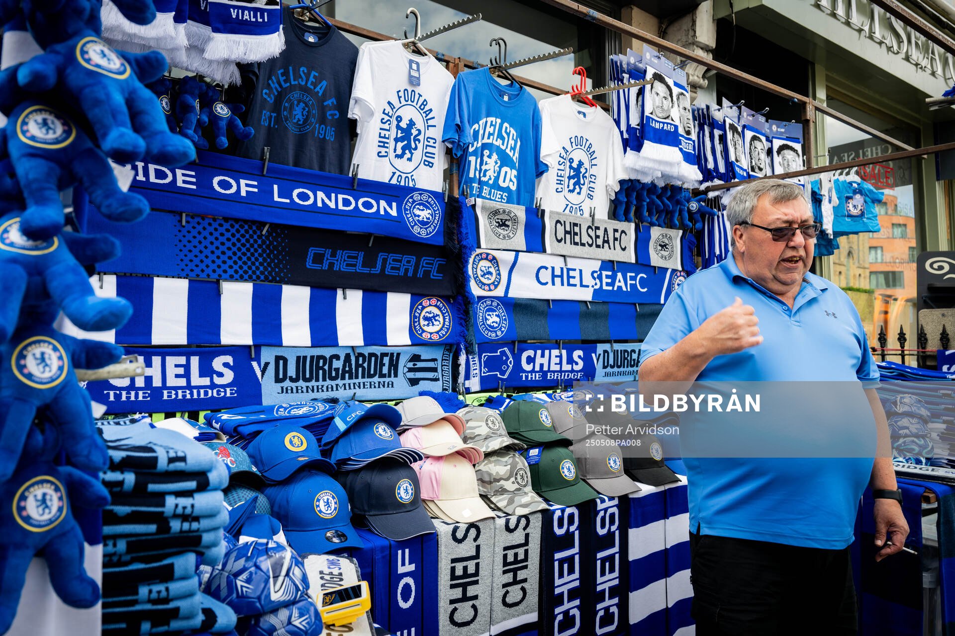General view of a merchandise shop outside the stadium ahead of the UEFA Conference League semifinal second leg match between Chelsea and Djurgården on May 8, 2025 in London.
