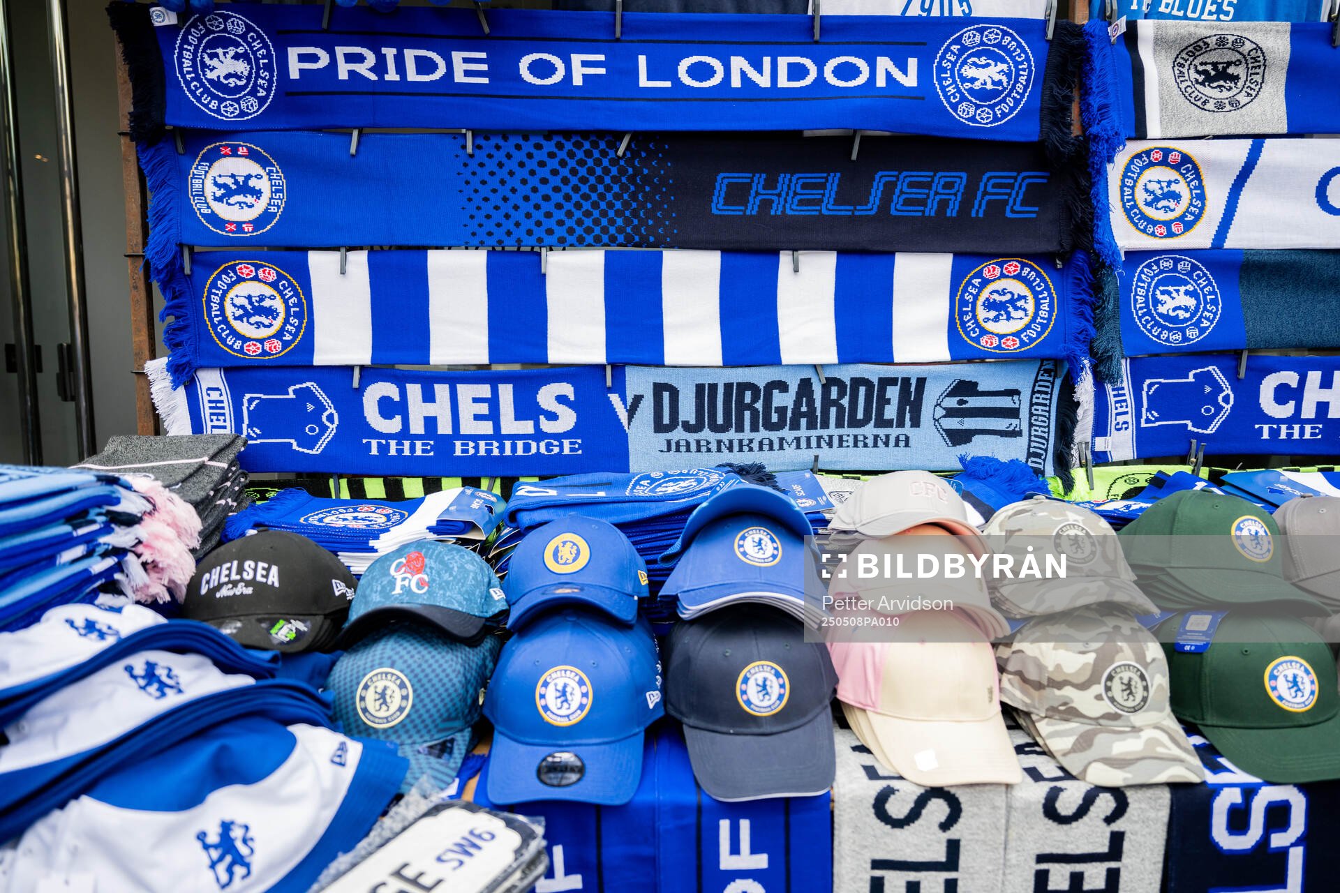 General view of a merchandise shop outside the stadium ahead of the UEFA Conference League semifinal second leg match between Chelsea and Djurgården on May 8, 2025 in London.