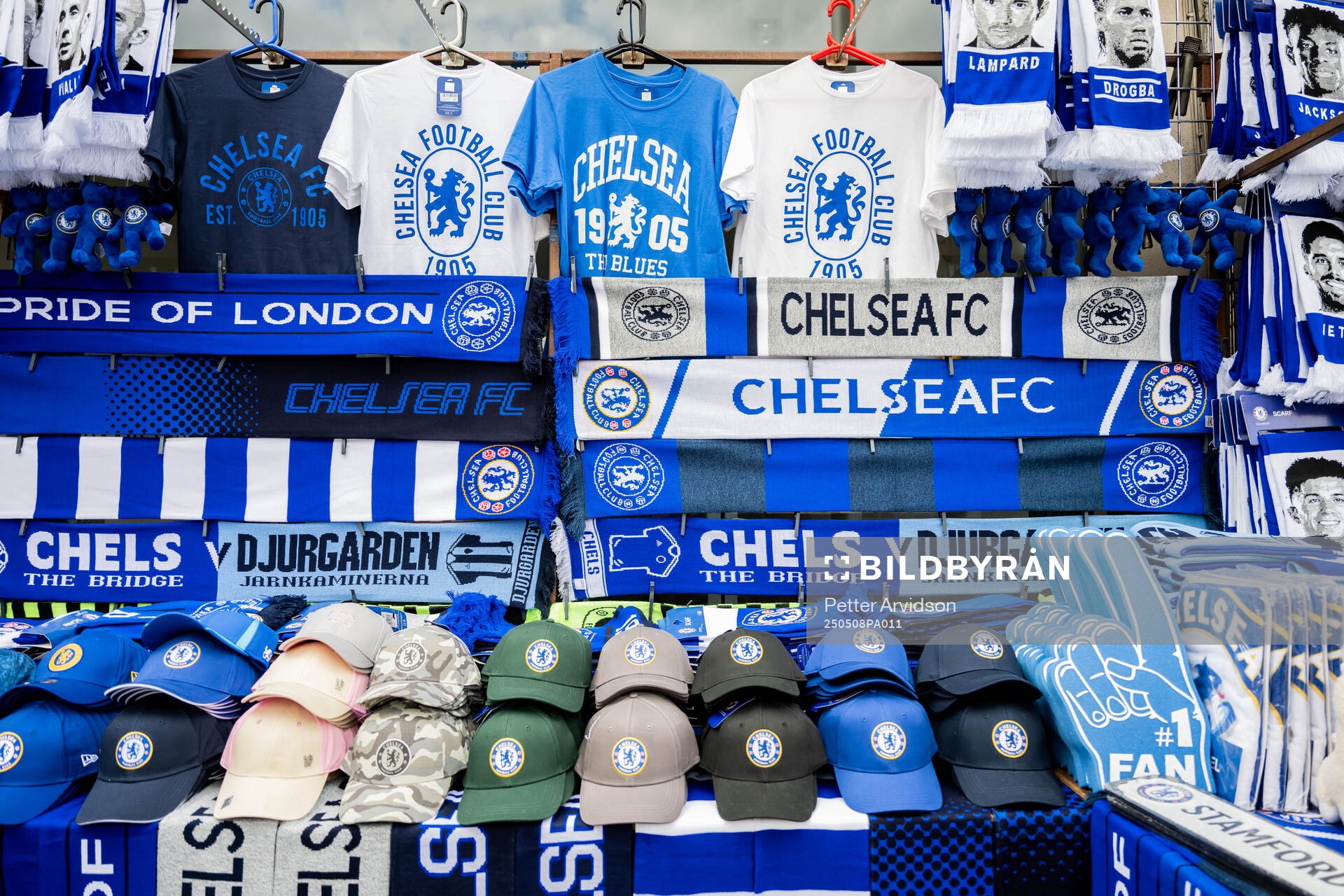 General view of a merchandise shop outside the stadium ahead of the UEFA Conference League semifinal second leg match between Chelsea and Djurgården on May 8, 2025 in London.