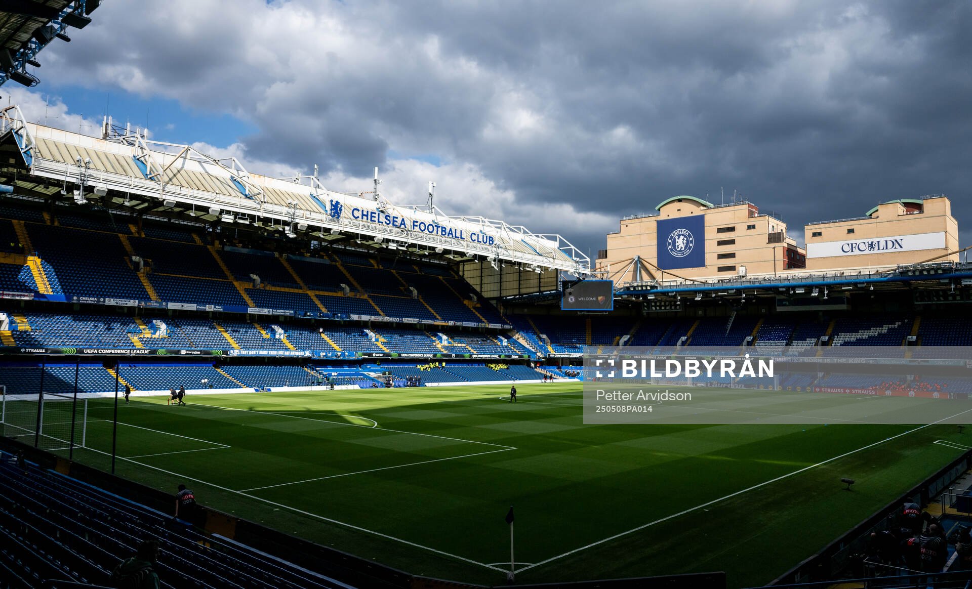Interior view of Stamford Bridge ahead of the UEFA Conference League semifinal second leg match between Chelsea and Djurgården on May 8, 2025 in London.