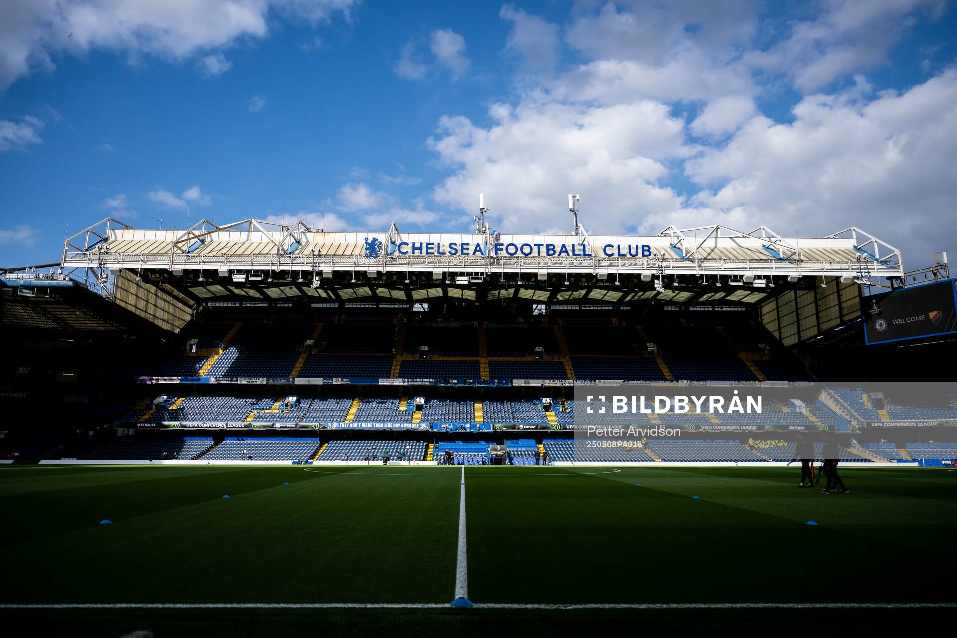 Interior view of Stamford Bridge ahead of the UEFA Conference League semifinal second leg match between Chelsea and Djurgården on May 8, 2025 in London.
