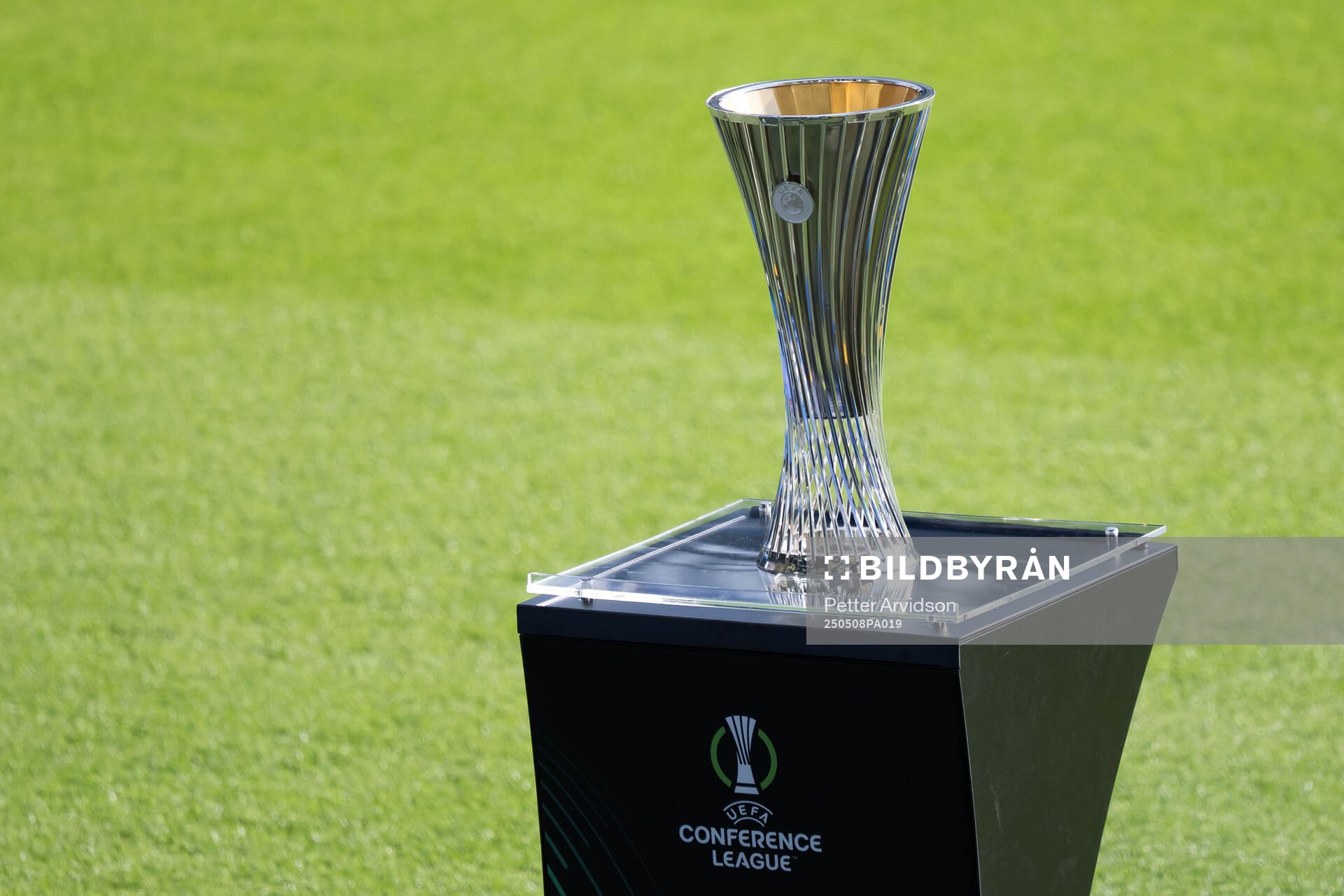 The Conference League trophy ahead of the UEFA Conference League semifinal second leg match between Chelsea and Djurgården on May 8, 2025 in London.