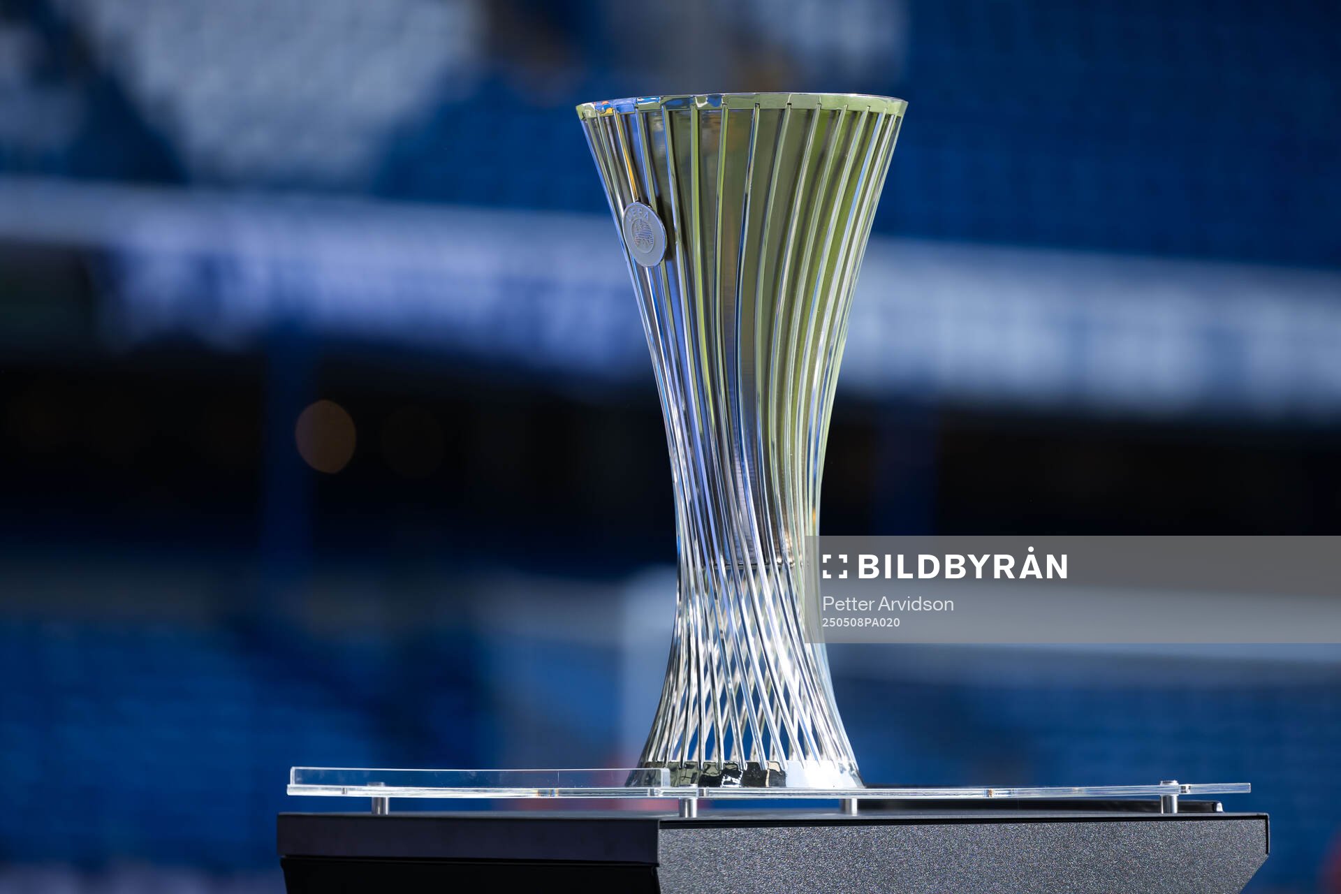 The Conference League trophy ahead of the UEFA Conference League semifinal second leg match between Chelsea and Djurgården on May 8, 2025 in London.