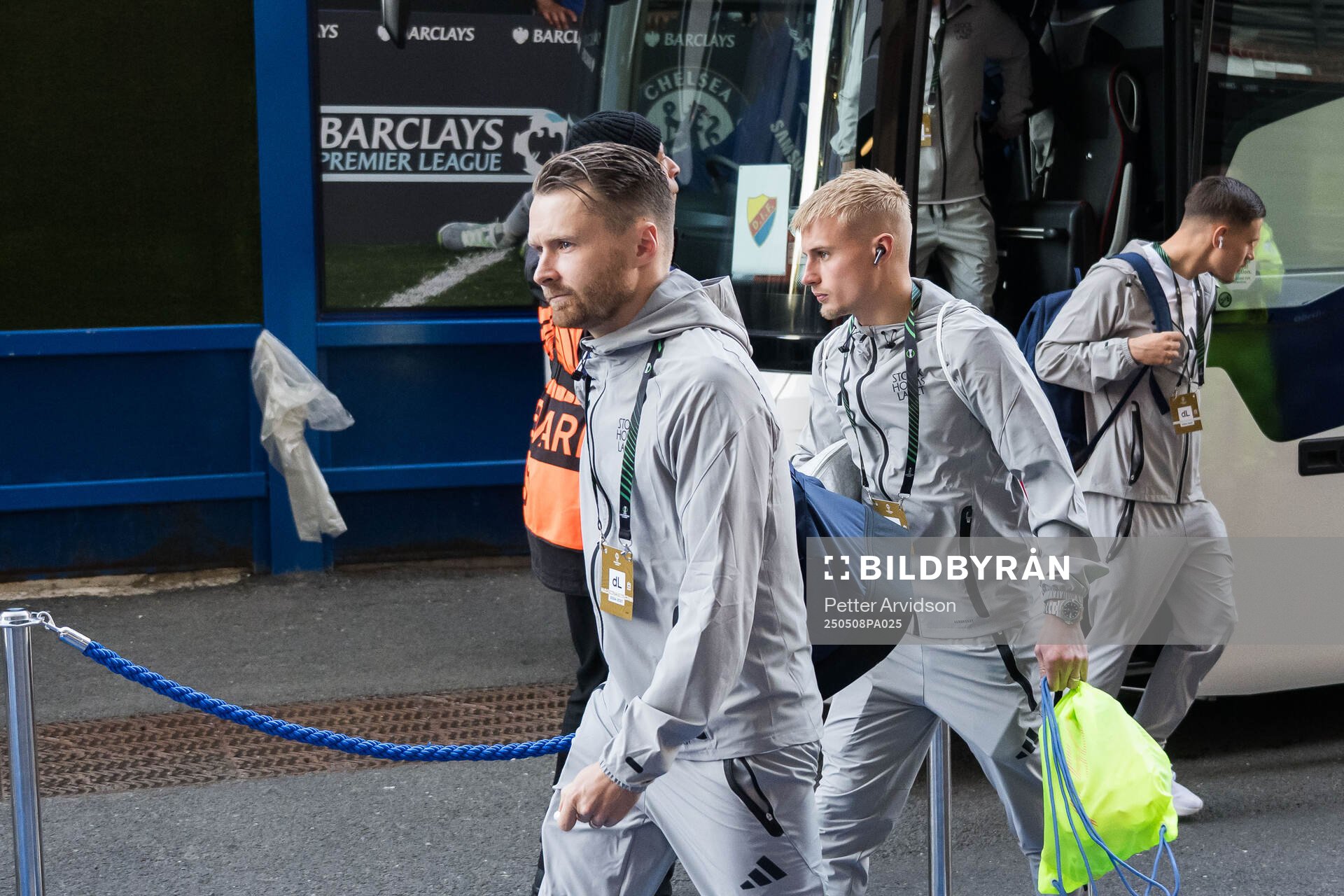 Jacob Une and Viktor Bergh of Djurgården arrives to the stadium ahead of the UEFA Conference League semifinal second leg match between Chelsea and Djurgården on May 8, 2025 in London.