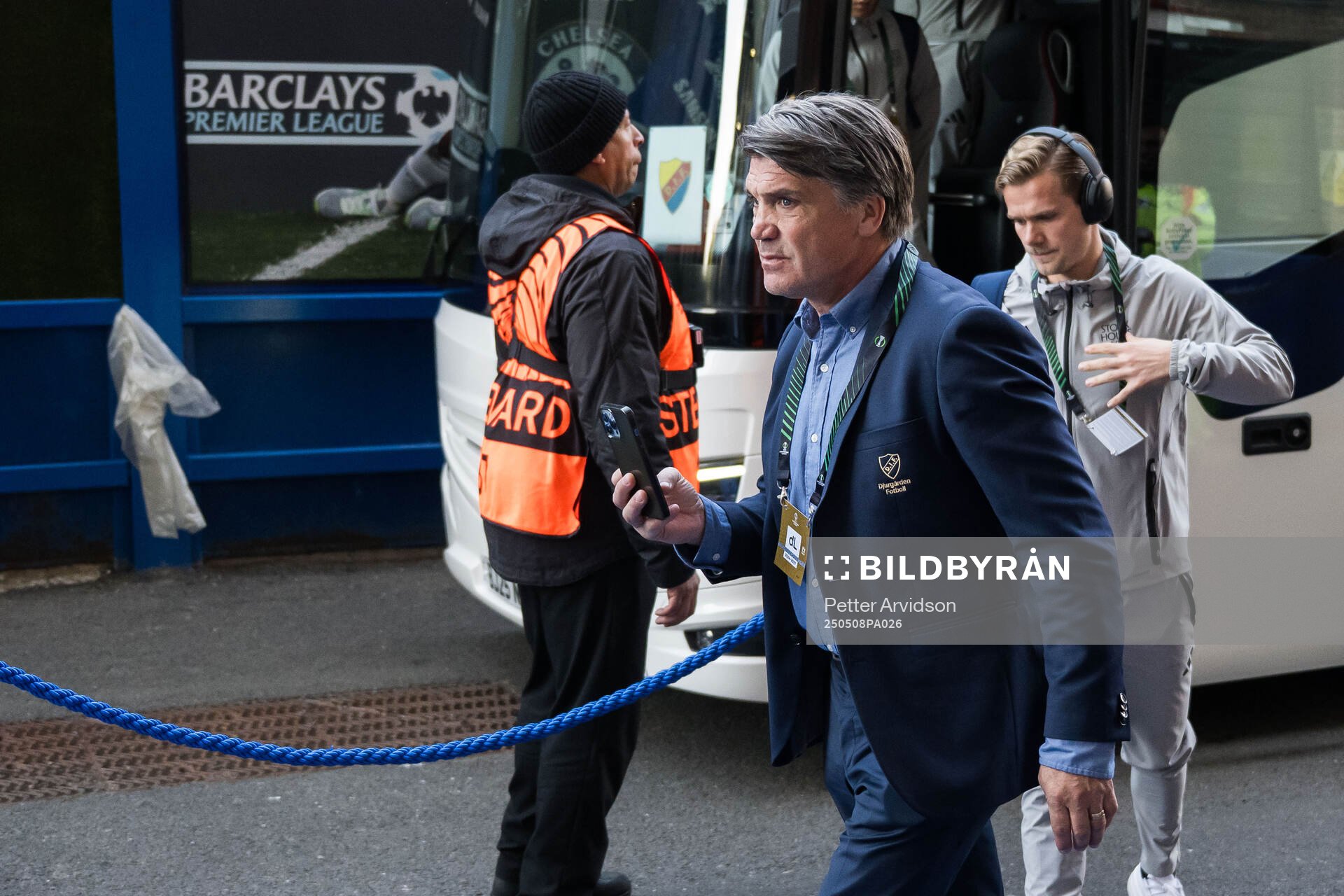 Sports director Bosse Andersson of Djurgården arrives to the stadium ahead of the UEFA Conference League semifinal second leg match between Chelsea and Djurgården on May 8, 2025 in London.