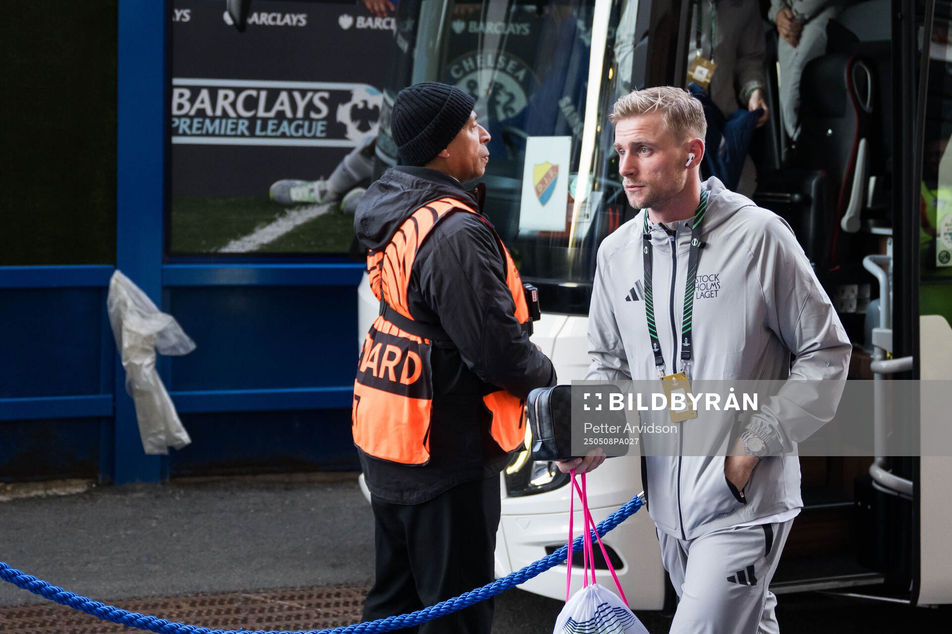 Jacob Rinne of Djurgården arrives to the stadium ahead of the UEFA Conference League semifinal second leg match between Chelsea and Djurgården on May 8, 2025 in London.