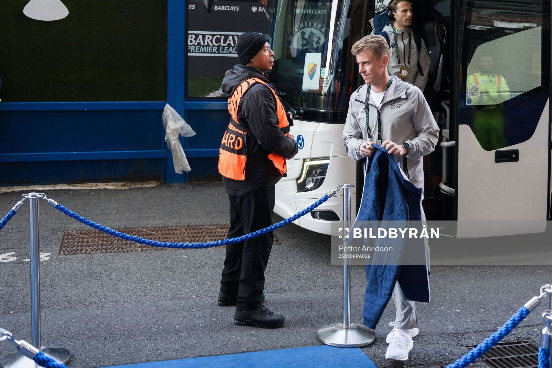 Rasmus Schuller of Djurgården arrives to the stadium ahead of the UEFA Conference League semifinal second leg match between Chelsea and Djurgården on May 8, 2025 in London.