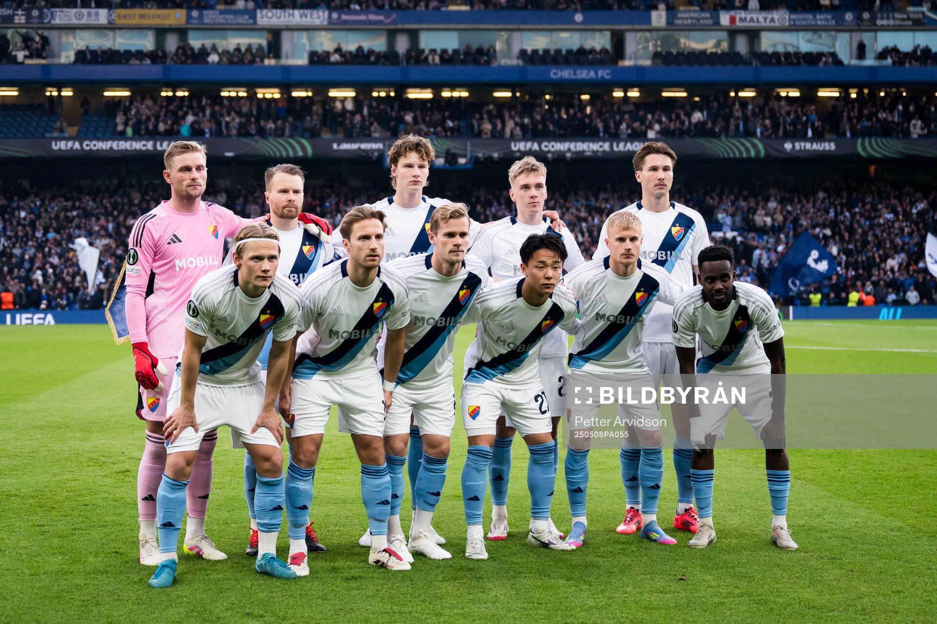 The starting eleven of Djurgården ahead of the UEFA Conference League semifinal second leg match between Chelsea and Djurgården on May 8, 2025 in London.