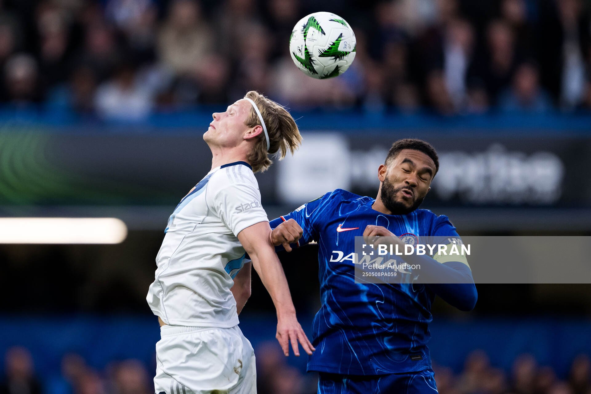 Tobias Gulliksen of Djurgården and Reece James of Chelsea during the UEFA Conference League semifinal second leg match between Chelsea and Djurgården on May 8, 2025 in London.