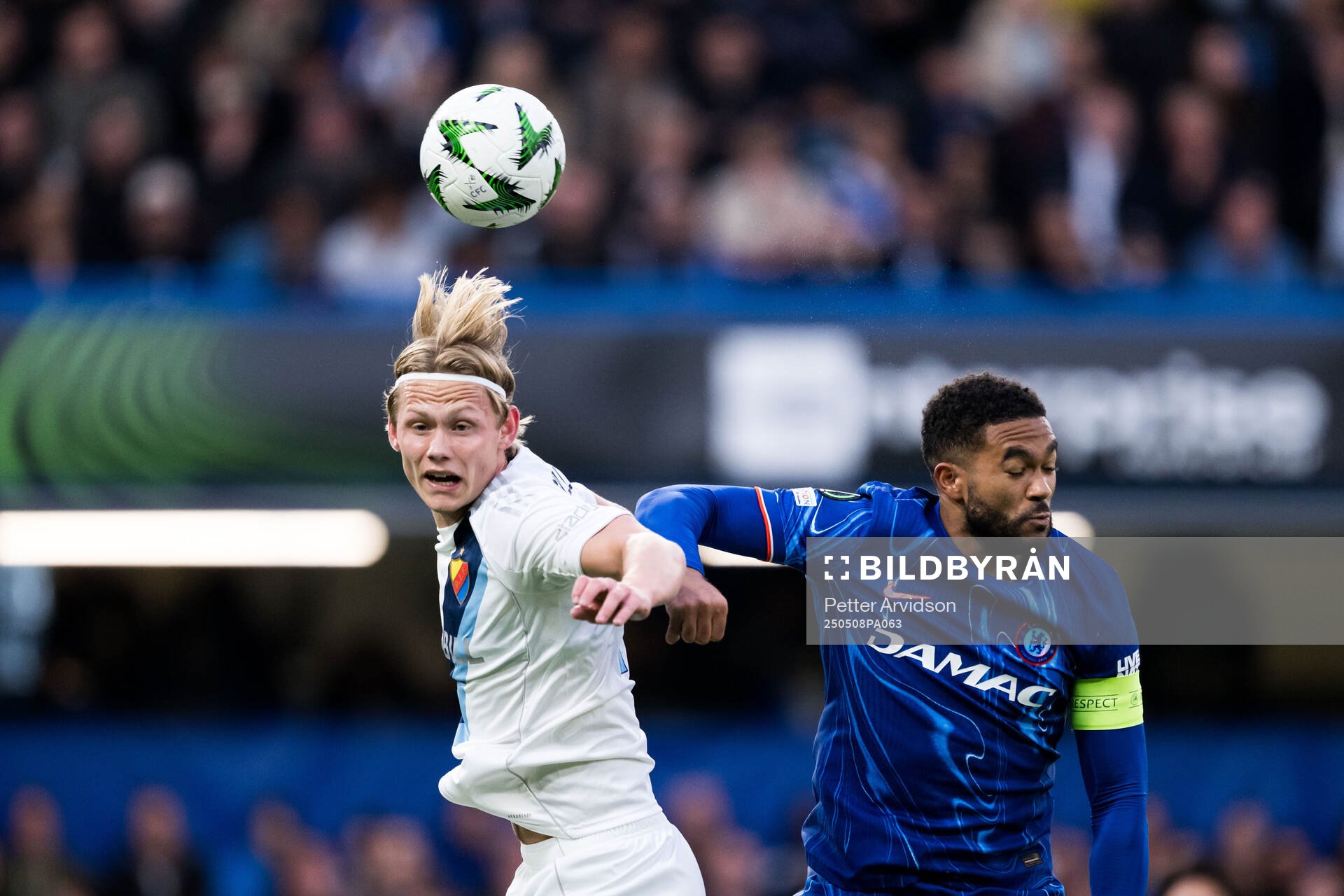 Tobias Gulliksen of Djurgården and Reece James of Chelsea during the UEFA Conference League semifinal second leg match between Chelsea and Djurgården on May 8, 2025 in London.