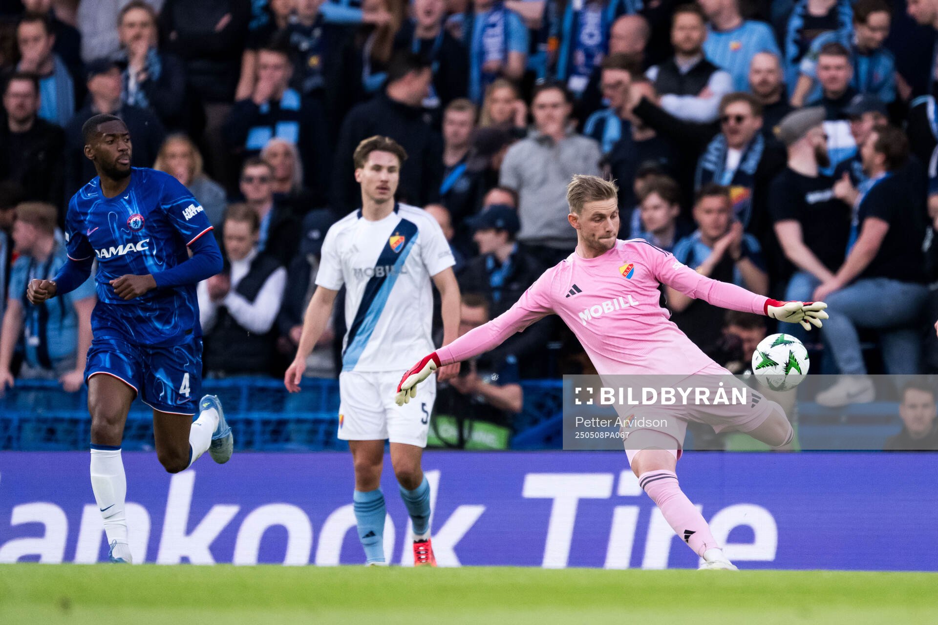 goalkeeper Jacob Rinne of Djurgården during the UEFA Conference League semifinal second leg match between Chelsea and Djurgården on May 8, 2025 in London.
