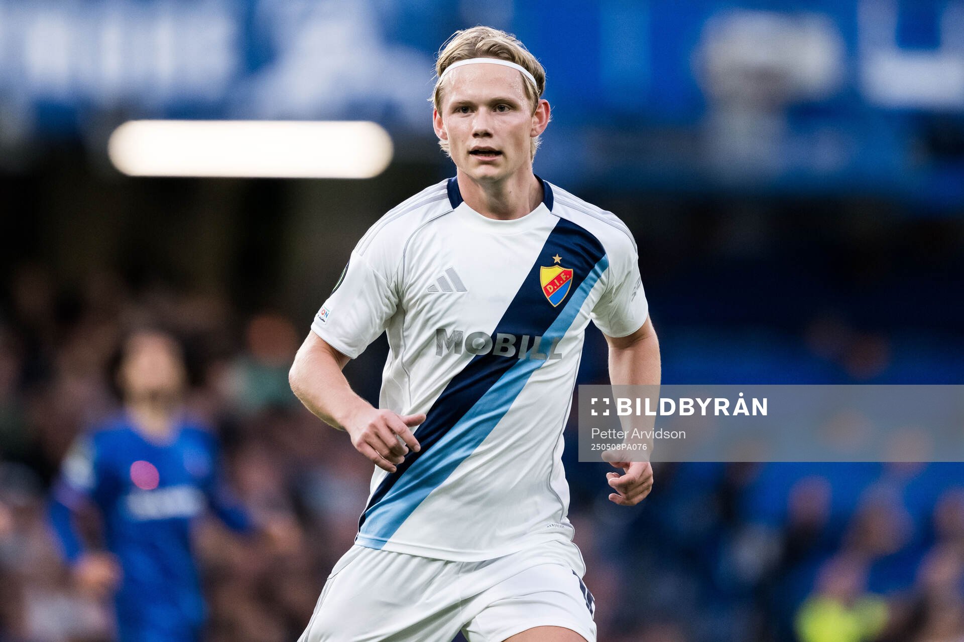 Tobias Gulliksen of Djurgården during the UEFA Conference League semifinal second leg match between Chelsea and Djurgården on May 8, 2025 in London.