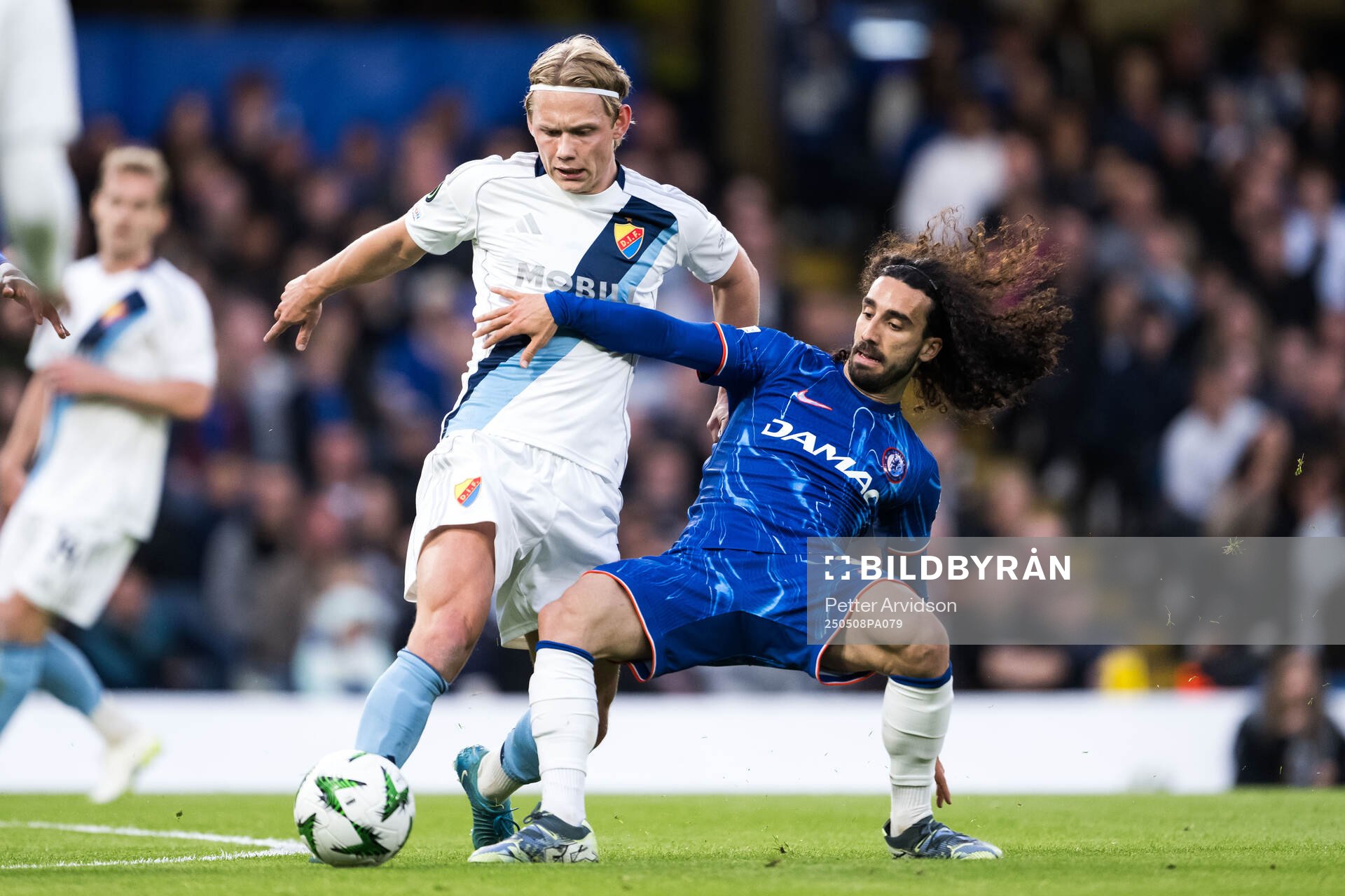Tobias Gulliksen of Djurgården and Marc Cucurella of Chelsea during the UEFA Conference League semifinal second leg match between Chelsea and Djurgården on May 8, 2025 in London.