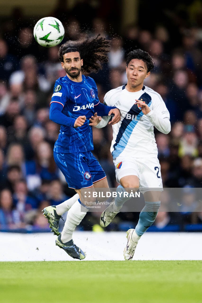 Marc Cucurella of Chelsea and Keita Kosugi of Djurgården during the UEFA Conference League semifinal second leg match between Chelsea and Djurgården on May 8, 2025 in London.