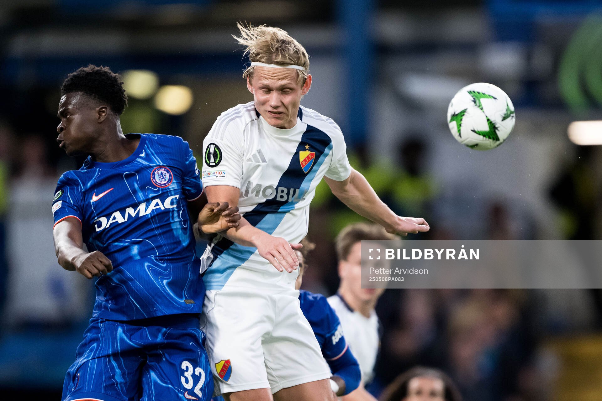 Tyrique George of Chelsea and Tobias Gulliksen of Djurgården during the UEFA Conference League semifinal second leg match between Chelsea and Djurgården on May 8, 2025 in London.