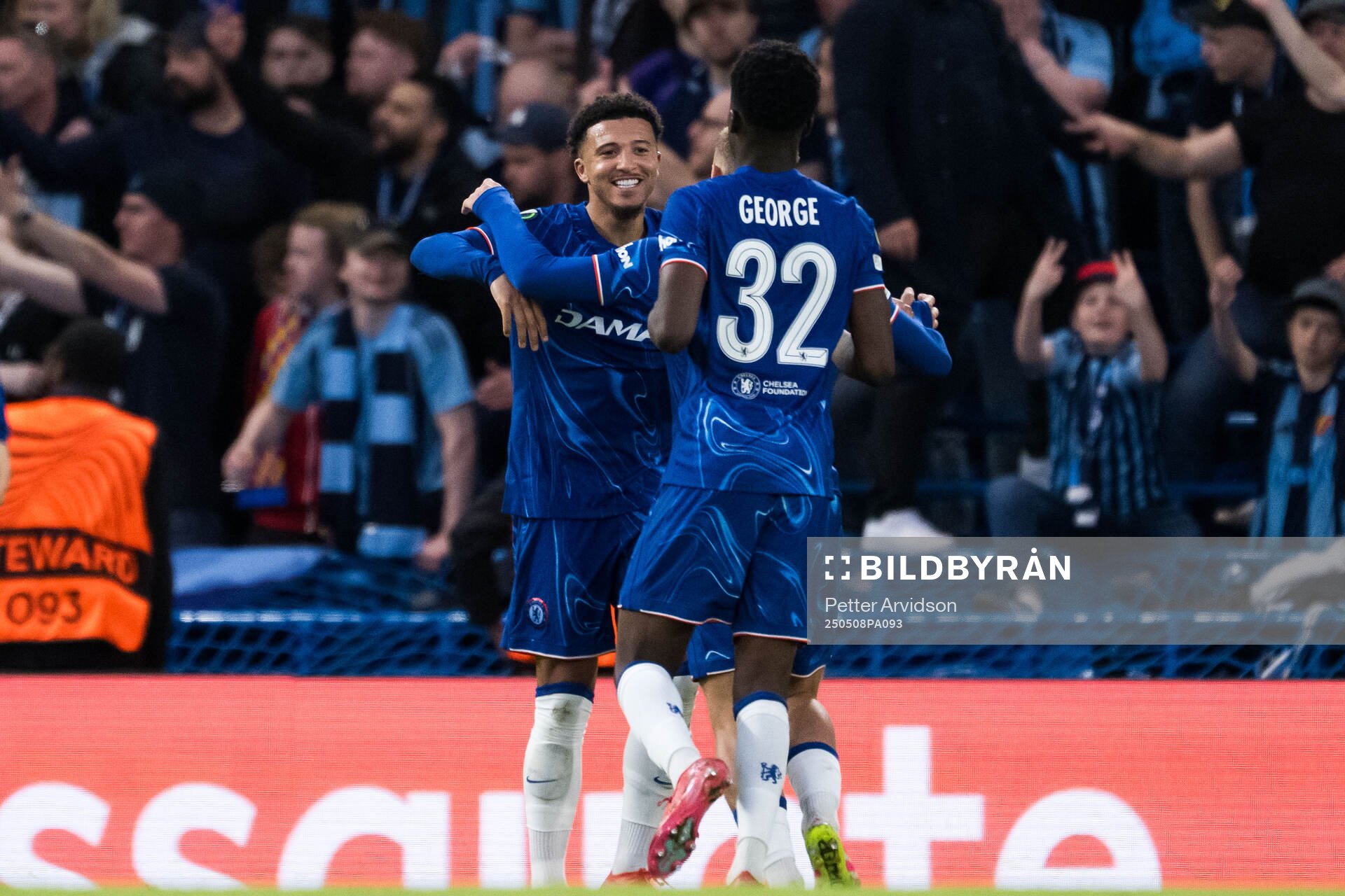 Jadon Sancho and Tyrique George of Chelsea celebrate after 1-0 scored by Kiernan Dewsbury-Hall (not pictured) during the UEFA Conference League semifinal second leg match between Chelsea and Djurgården on May 8, 2025 in London.