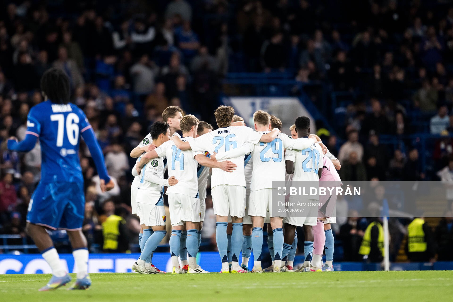 Players of Djurgården gather ahead of second half of the UEFA Conference League semifinal second leg match between Chelsea and Djurgården on May 8, 2025 in London.