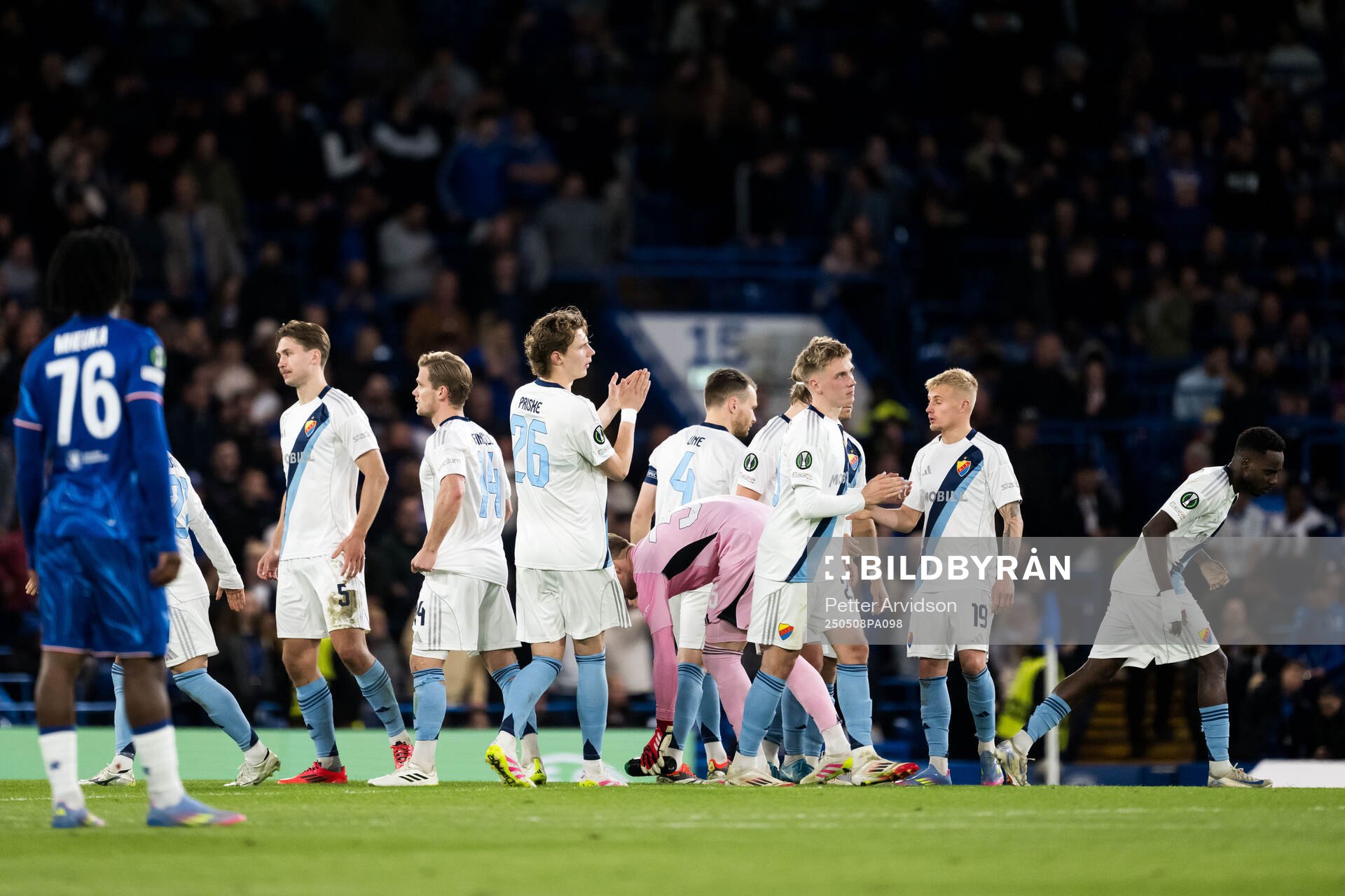 Players of Djurgården ahead of second half of the UEFA Conference League semifinal second leg match between Chelsea and Djurgården on May 8, 2025 in London.