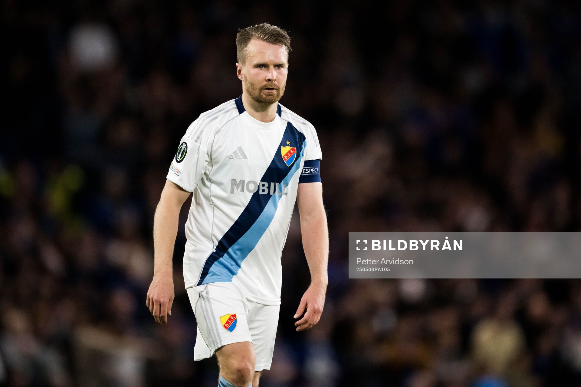 Jacob Une of Djurgården during the UEFA Conference League semifinal second leg match between Chelsea and Djurgården on May 8, 2025 in London.