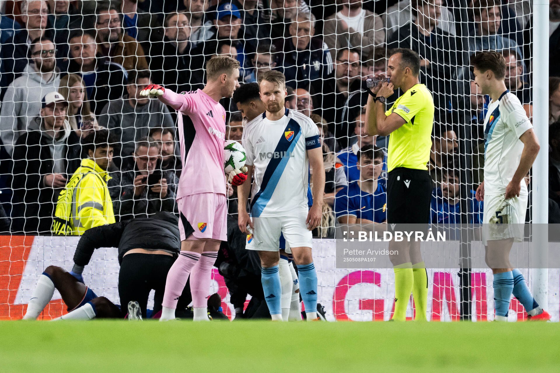 Goalkeeper Jacob Rinne and Jacob Une of Djurgården during the UEFA Conference League semifinal second leg match between Chelsea and Djurgården on May 8, 2025 in London.