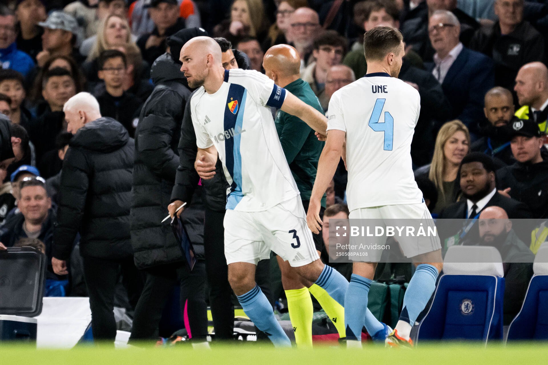 Marcus Danielson and Jacob Une of Djurgården during the UEFA Conference League semifinal second leg match between Chelsea and Djurgården on May 8, 2025 in London.