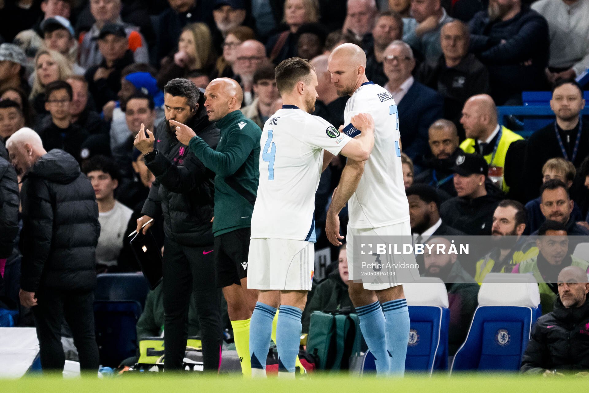 Jacob Une and Marcus Danielson of Djurgården during the UEFA Conference League semifinal second leg match between Chelsea and Djurgården on May 8, 2025 in London.
