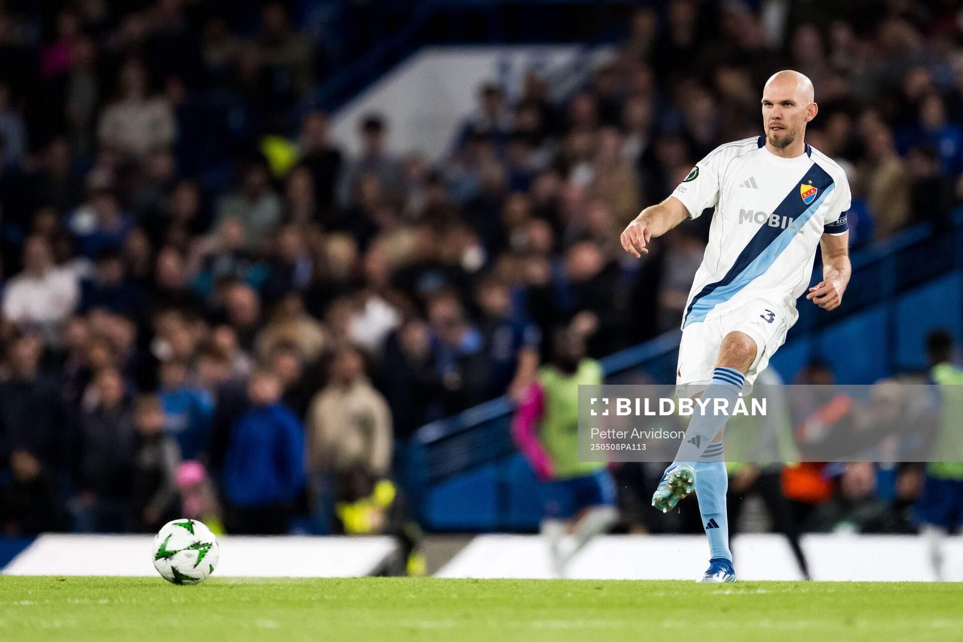 Marcus Danielson of Djurgården during the UEFA Conference League semifinal second leg match between Chelsea and Djurgården on May 8, 2025 in London.