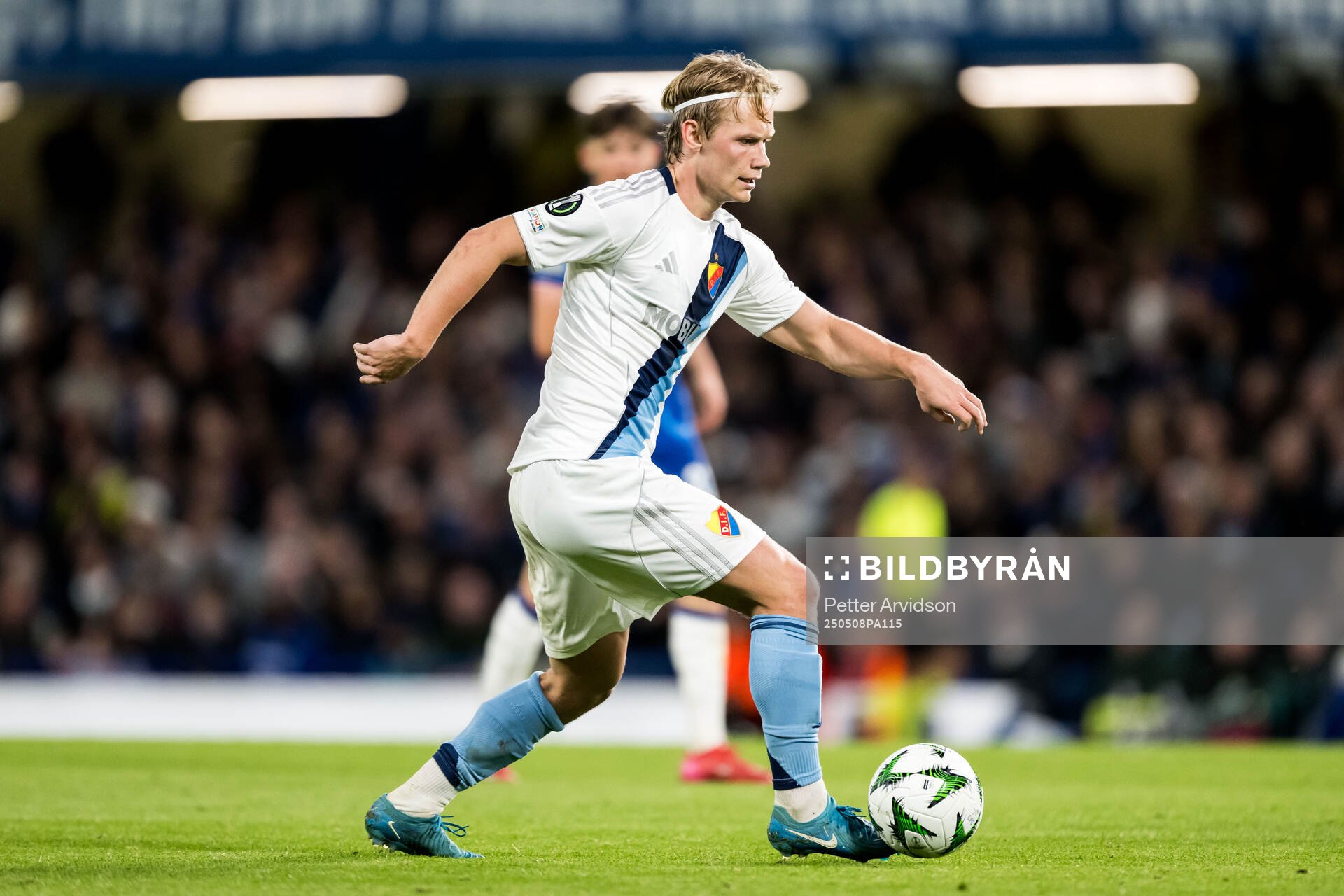 Tobias Gulliksen of Djurgården during the UEFA Conference League semifinal second leg match between Chelsea and Djurgården on May 8, 2025 in London.