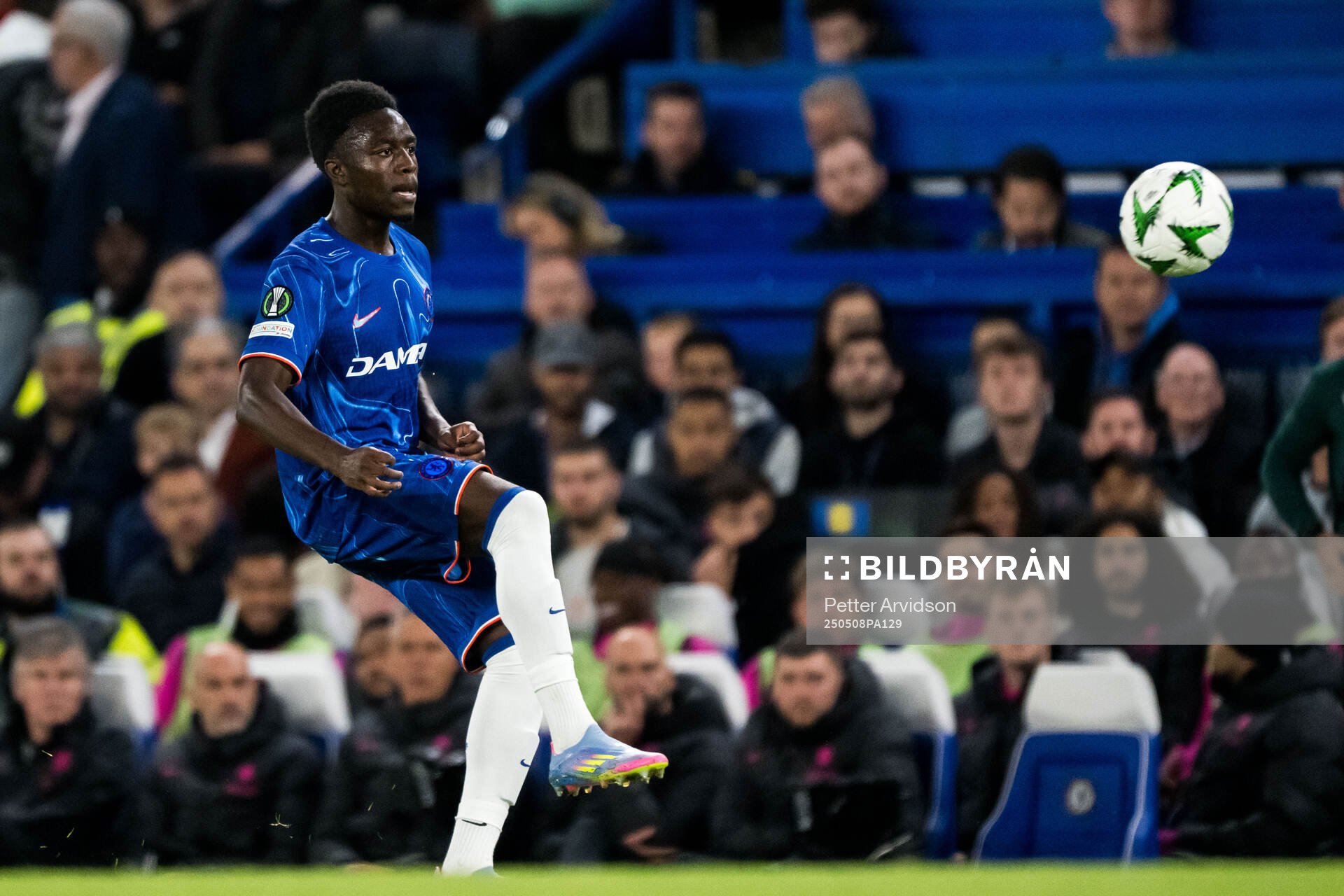Genesis Antwi of Chelsea during the UEFA Conference League semifinal second leg match between Chelsea and Djurgården on May 8, 2025 in London.