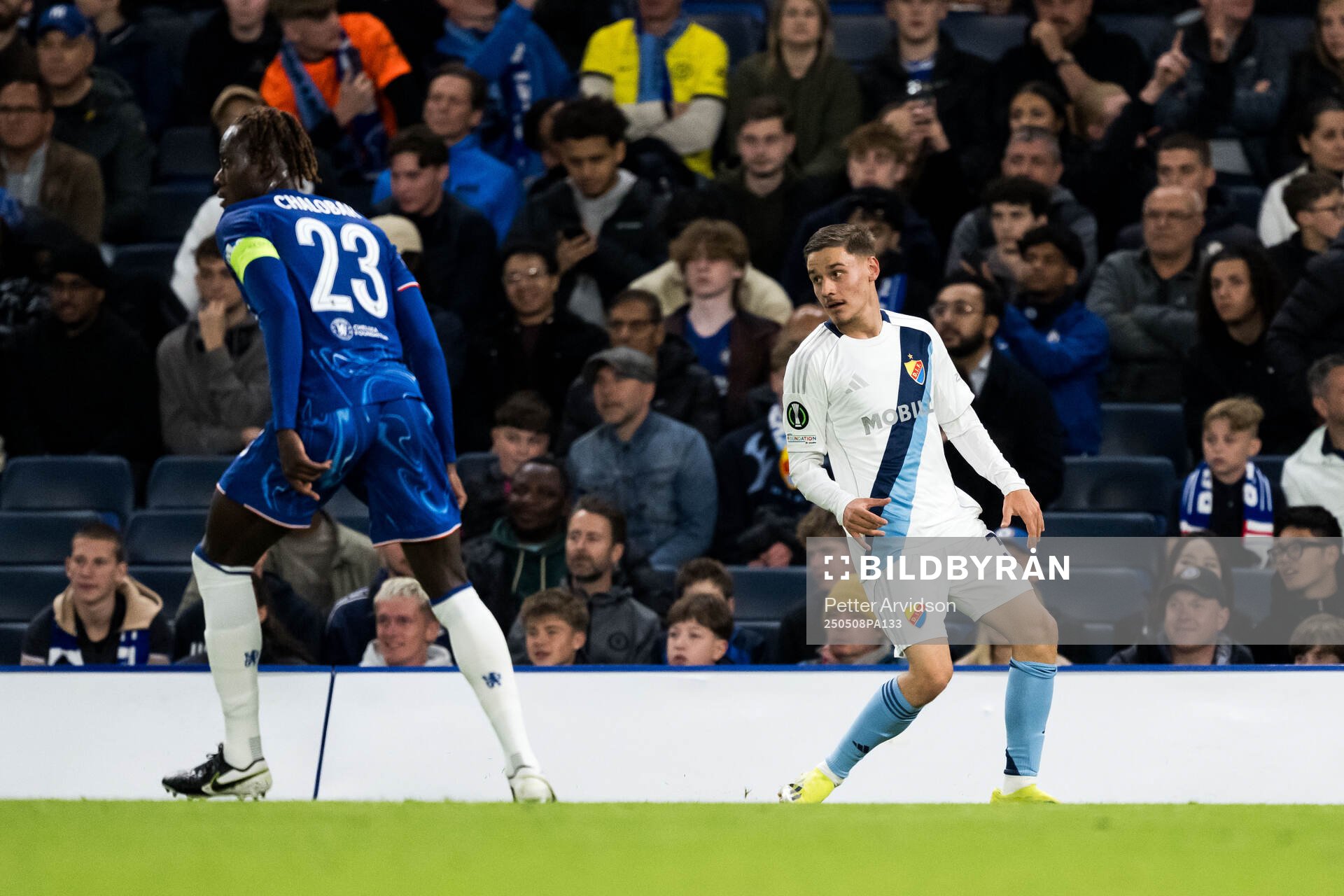Melvin Vucenovic Persson of Djurgården during the UEFA Conference League semifinal second leg match between Chelsea and Djurgården on May 8, 2025 in London.